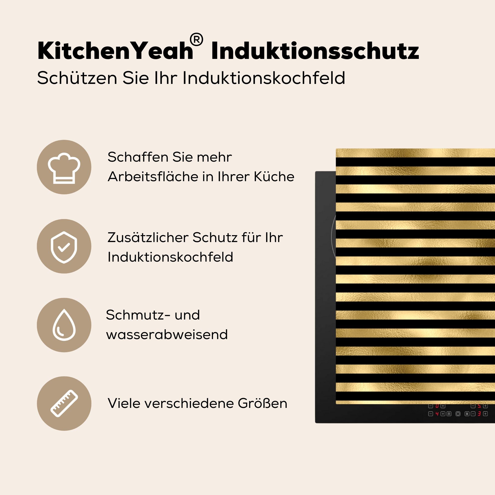 MuchoWow Herdblende-/Abdeckplatte tlg), Vinyl, (1 für Muster Arbeitsplatte Gold, - 78x78 - cm, küche Ceranfeldabdeckung, Schwarz