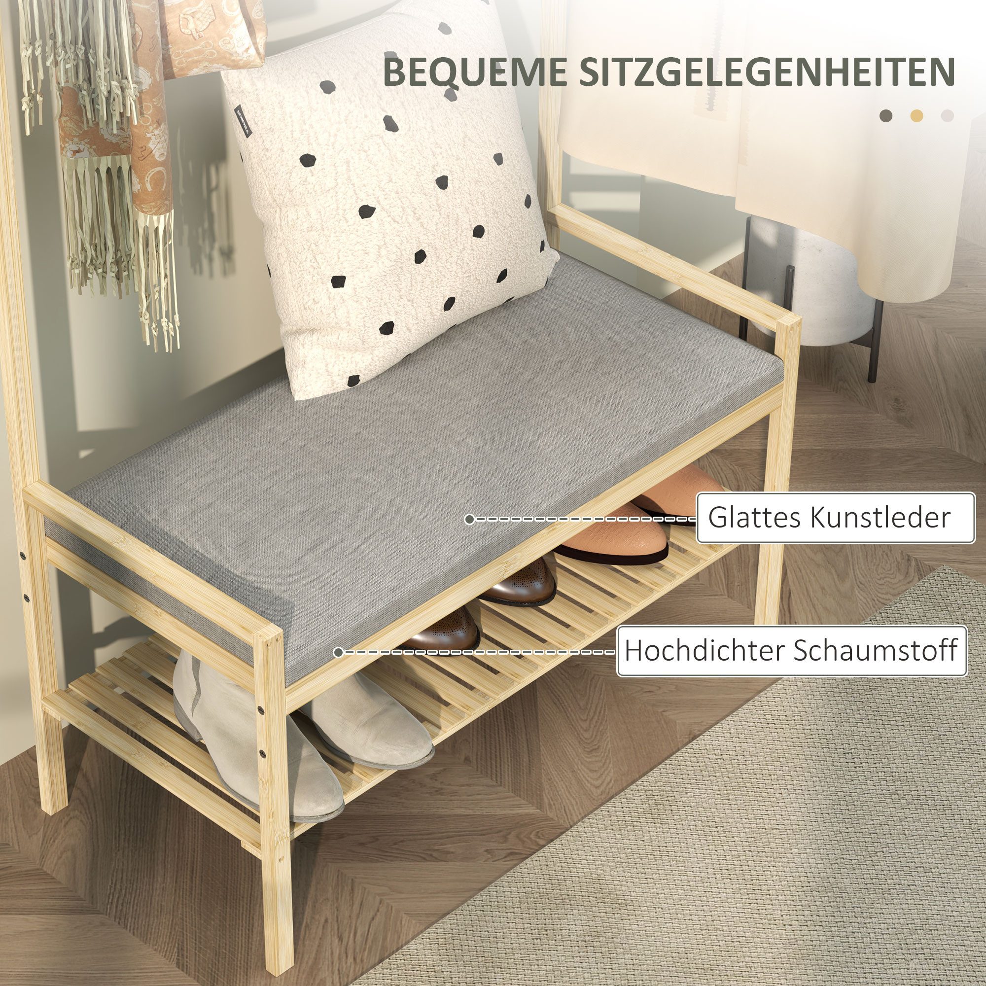 HOMCOM Garderobenständer Garderobe mit Schuhbank, Haken, Schuhregal, (Kleiderständer, 1 St., Jackenständer), für Eingangsbereich, Flur, Bambus, Natur