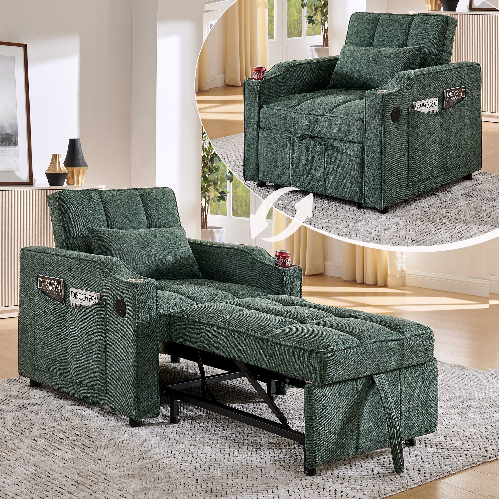 i@home Relaxsessel 1-Sitzer Sofa, faltbares Schlafsofa, Schlafsessel (platzsparend für Wohnzimmer und Schlafzimmer), USB/Type-C Anschluss, Schlafsofa (190cm) Edelstahl-Getränkehalter