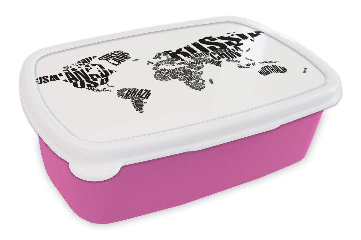 MuchoWow Lunchbox Weltkarte - Schwarz - Weiß - Wörter - Kind - Junge - Mädchen, Kunststoff, (2-tlg), Brotbox für Erwachsene, Brotdose Kinder, Snackbox, Mädchen, Kunststoff rosa