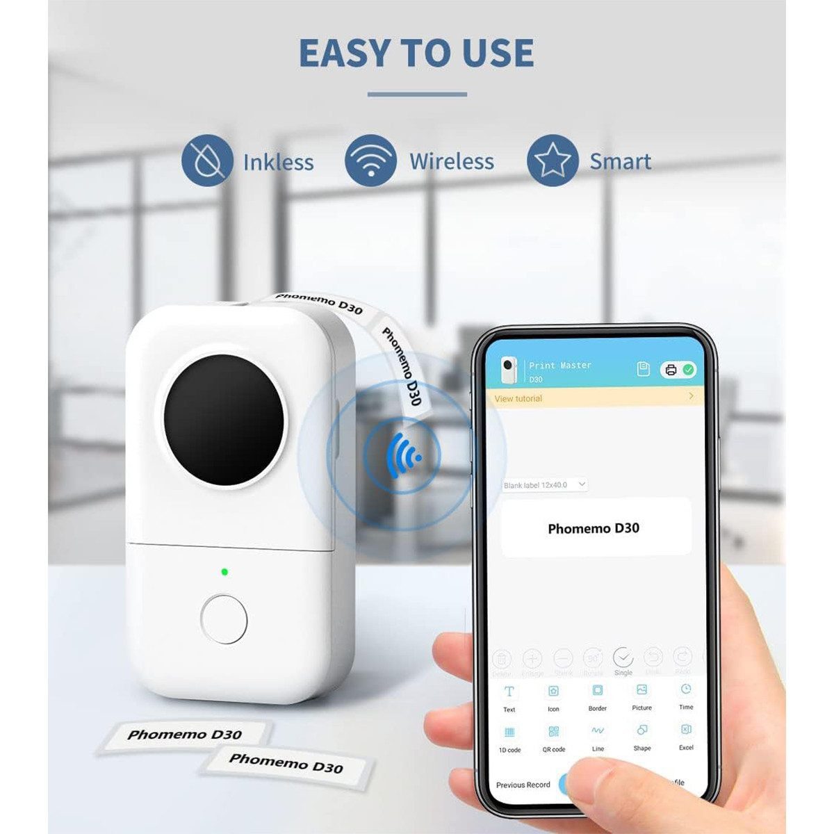 AURIVION Beschriftungsgerät Tragbarer Bluetooth Etikettendrucker für Smartphone & Büro, Label Printer Handheld Thermodrucker für schnelle Beschriftung