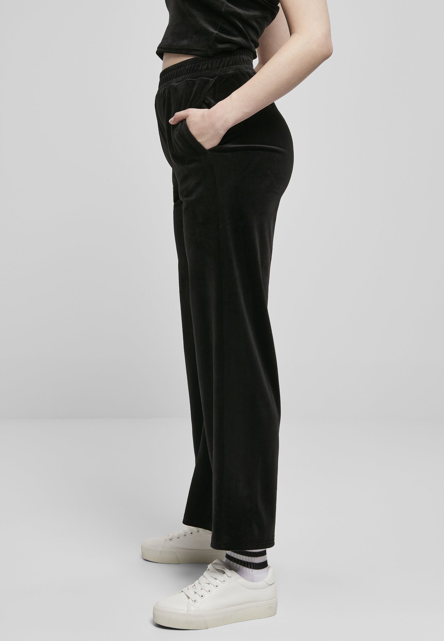 Stoffhose Damen (1-tlg) Straight Waist Sweatpants Velvet black Ladies URBAN CLASSICS High