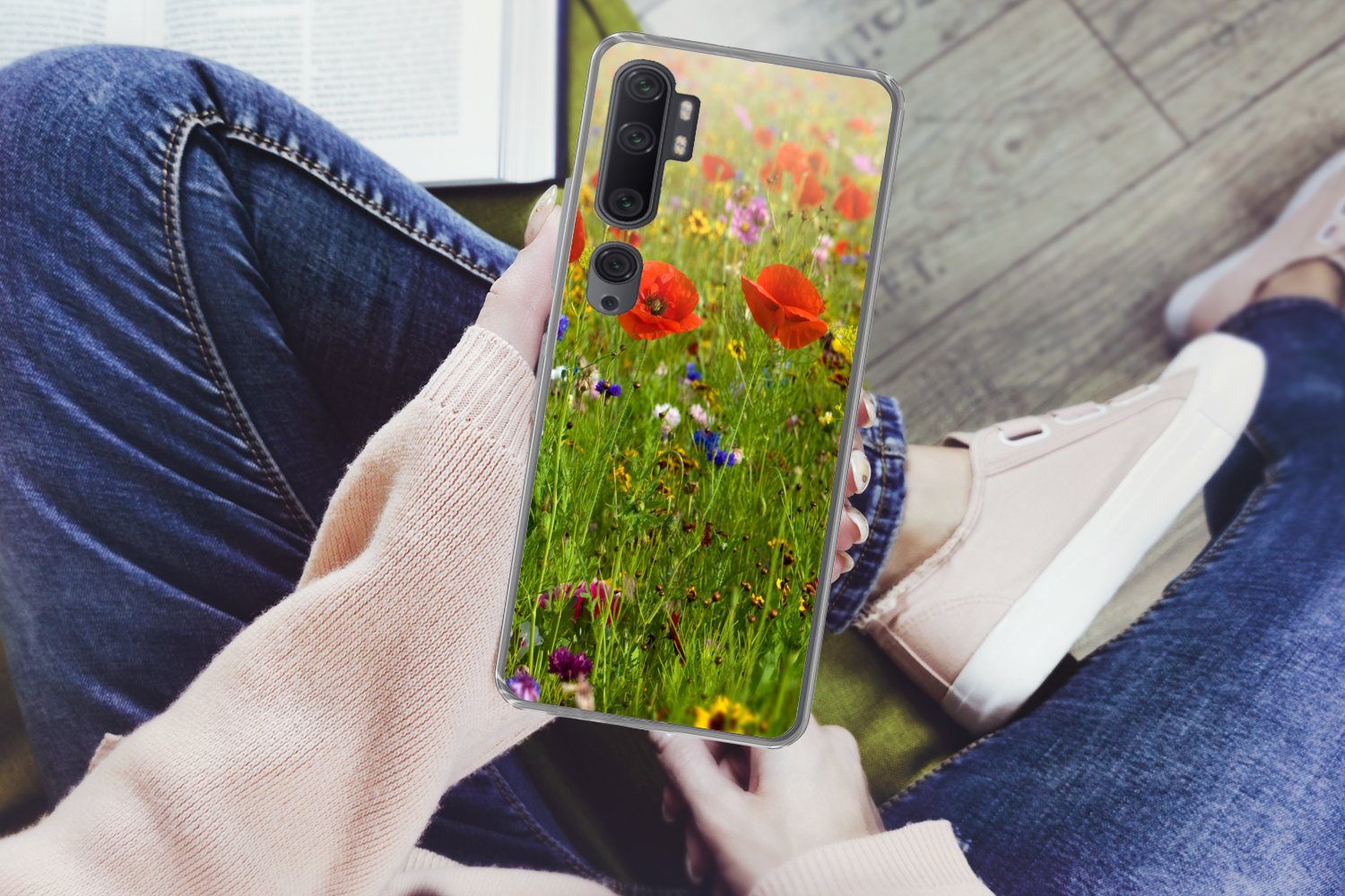 MuchoWow Handyhülle für Xiaomi Mi Note 10 Pro Frühling - Blumen - Rot - Mohn - Gras - Grün