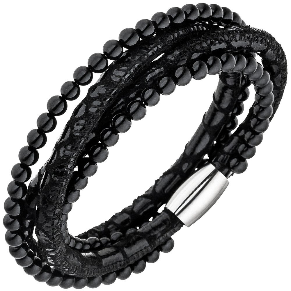 Lederarmband Armband aus Leder schwarz, Onyx & Edelstahl 19cm