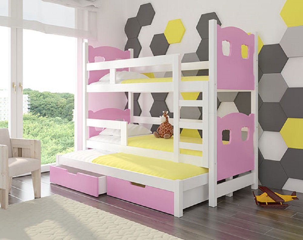 Feldmann-Wohnen Hochbett LETICIA (Etagenbett mit 3 Schlafgelegenheiten) Farbe wählbar Kiefer weiß / Absetzungen: rosa