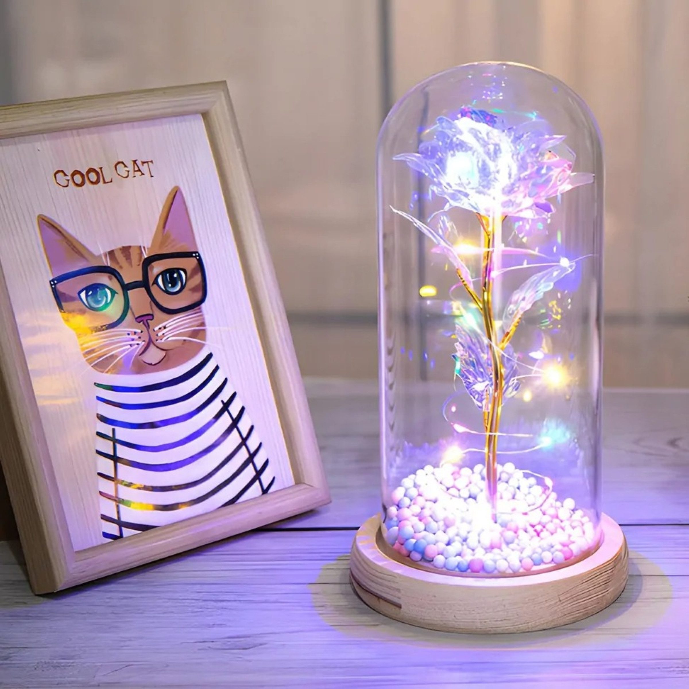 AMORE MIO LED Dekoobjekt LED Rose Kuppel Holzsockel Beleuchtung Dekoobjekt Innenbereich, LED fest integriert, warmweiß, Warmweiße LED Beleuchtung batteriebetrieben dekorativ kompakt