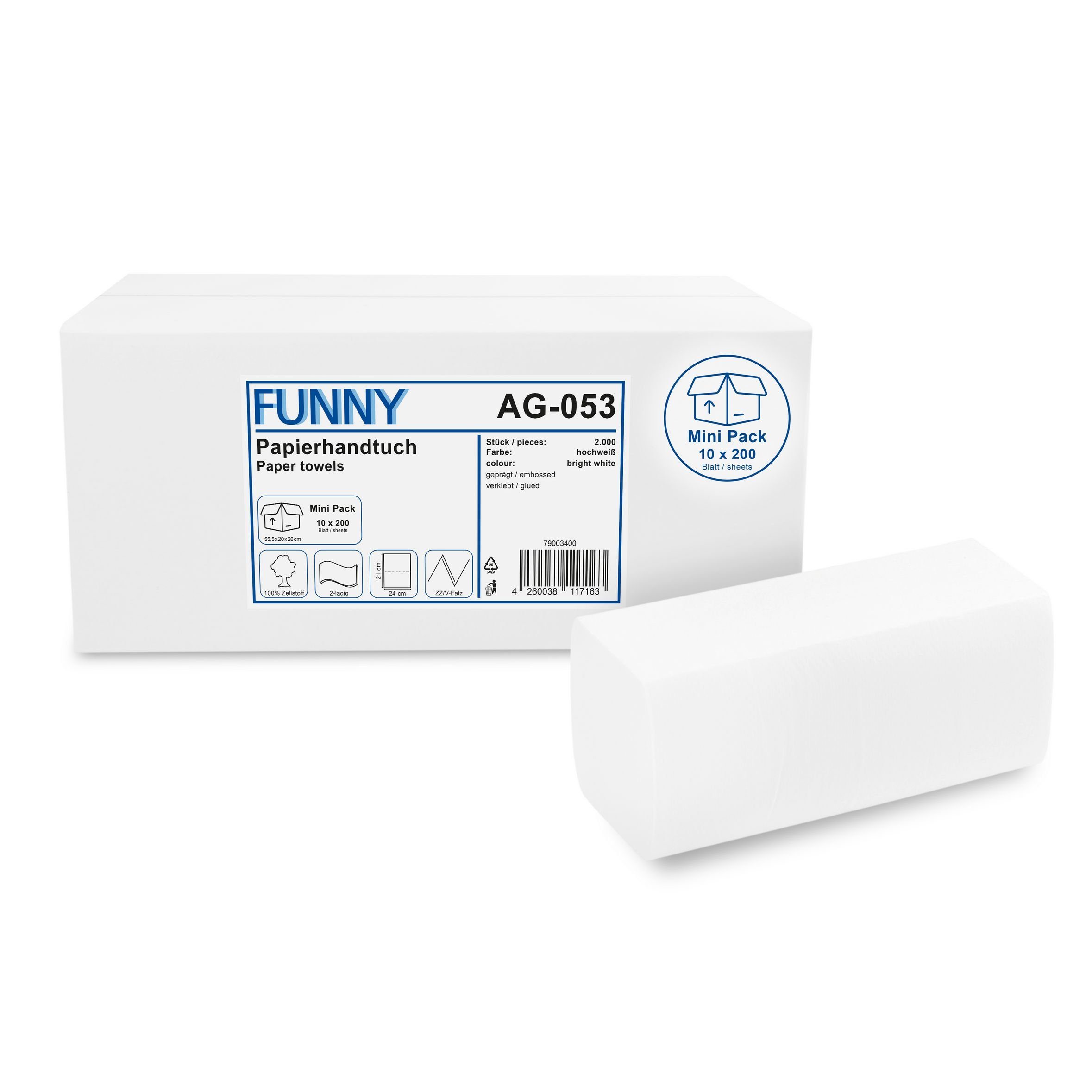 Funny Papierhandtuch Zellstoff hochweiß, 2-lagig, 24 x 21 cm, 2.000 Blatt, ZZ/V-Falz