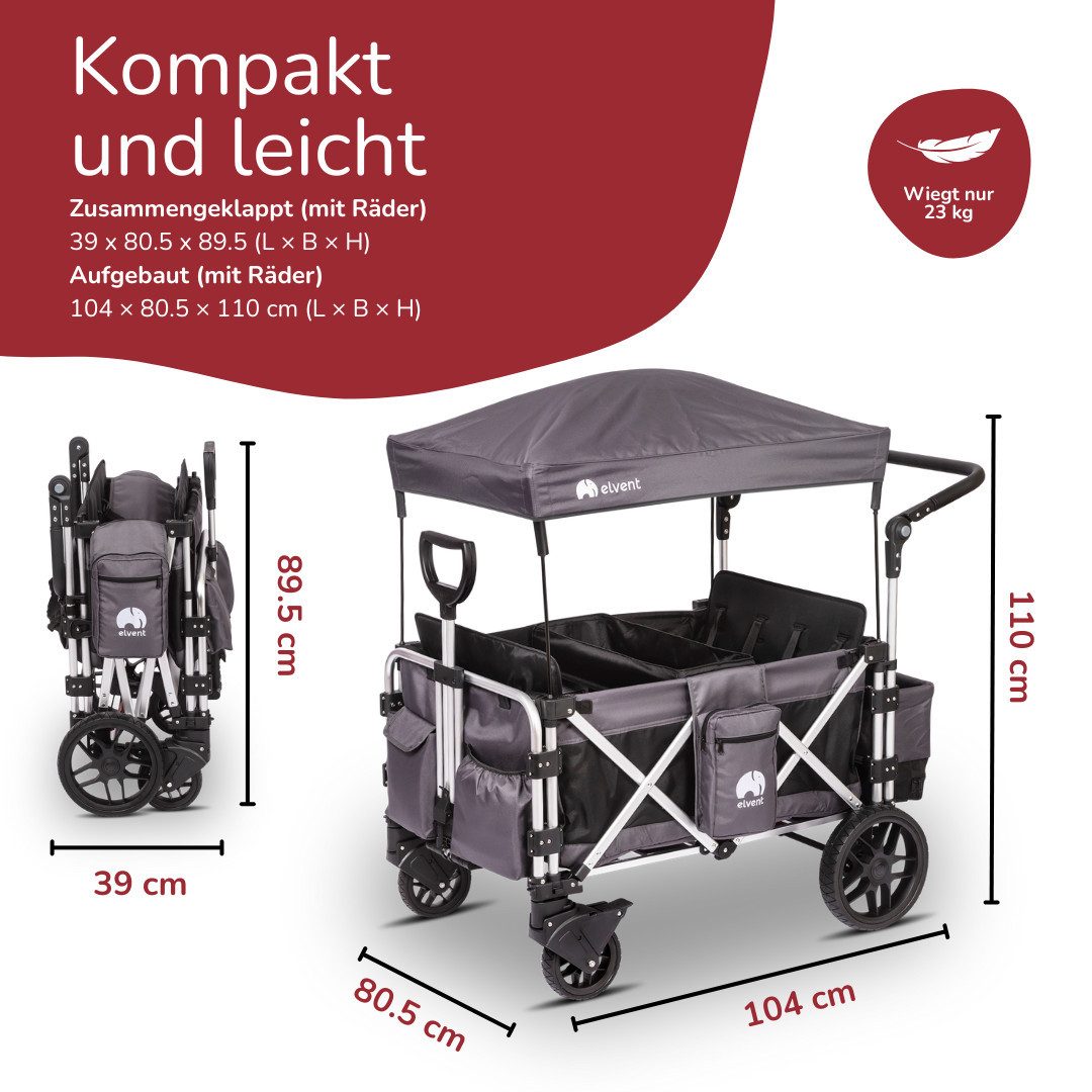 elvent Bollerwagen FamilyStar 4, Kompakt faltbar, Für bis zu 4 Kinder, Superleicht und komfortabel