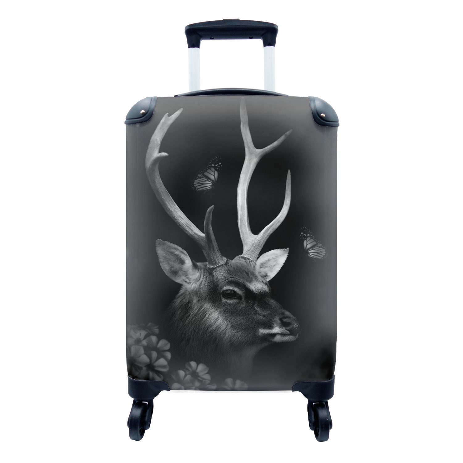 MuchoWow Handgepäckkoffer Porträt eines Rehs Reisetasche - Handgepäck mit und weiß, Rollen, für schwarz Ferien, rollen, 4 Reisekoffer Dschungel Trolley, im
