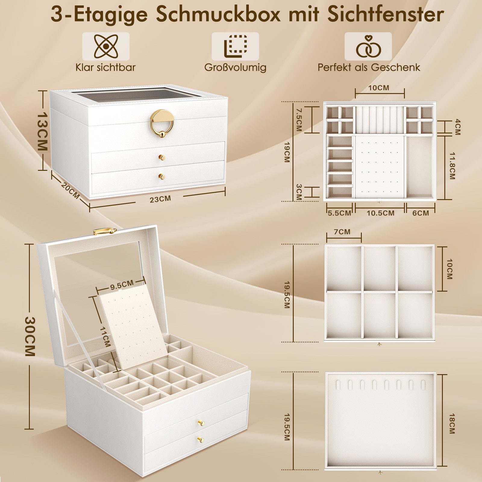 POPOLIC Schmuckkassette 3-stöckige Schmuckschatulle mit Deckel, Einteilern und Tragegriff – Bild 3 von 5