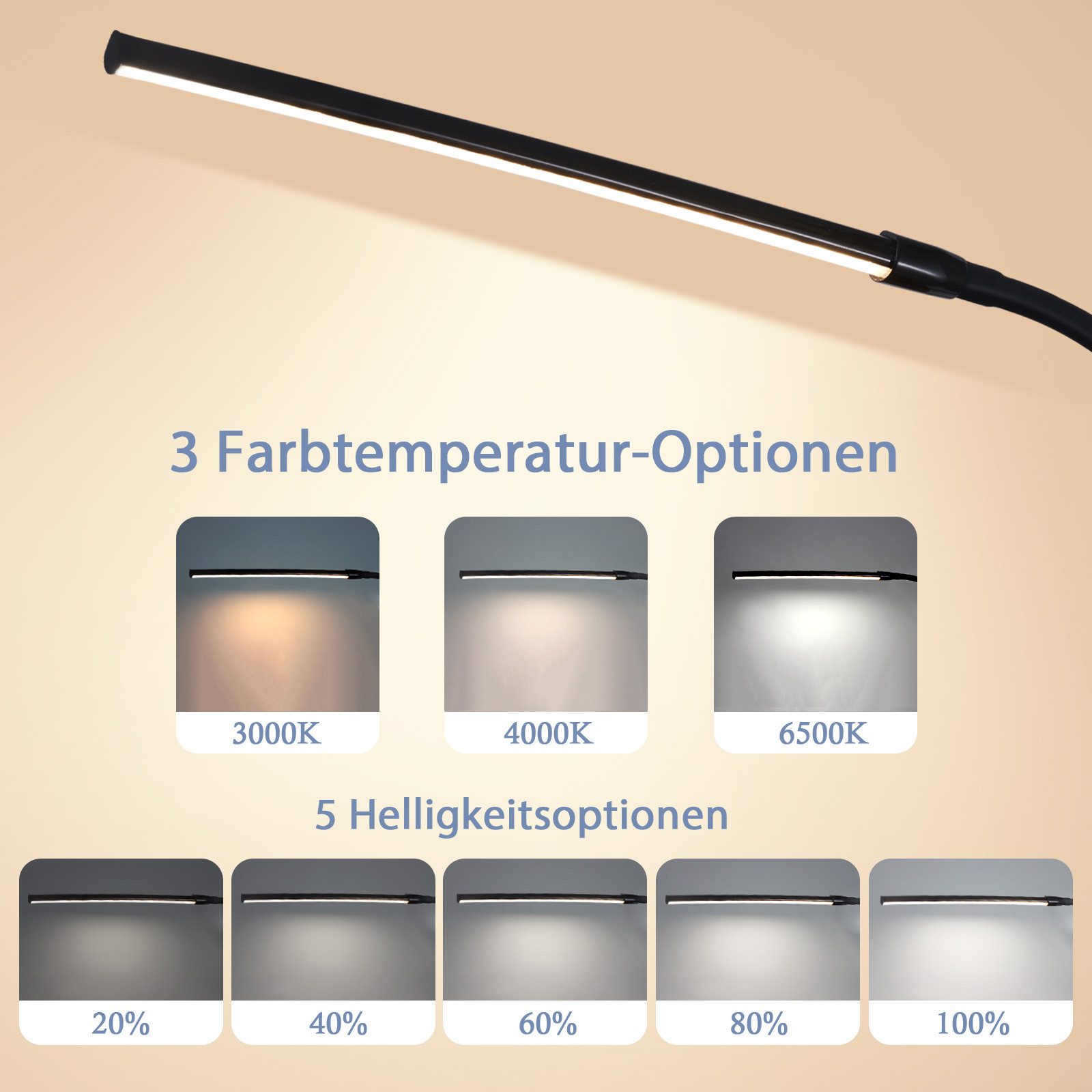 ZMH LED Klemmleuchte USB-Schreibtischlampe 5 W, 3 Farbtemperaturen, 5 Helligkeitsstufen, LED fest integriert, Warmweiß-Neutralweiß-Kaltweiß, Arbeitsplatzleuchte – Bild 3 von 5