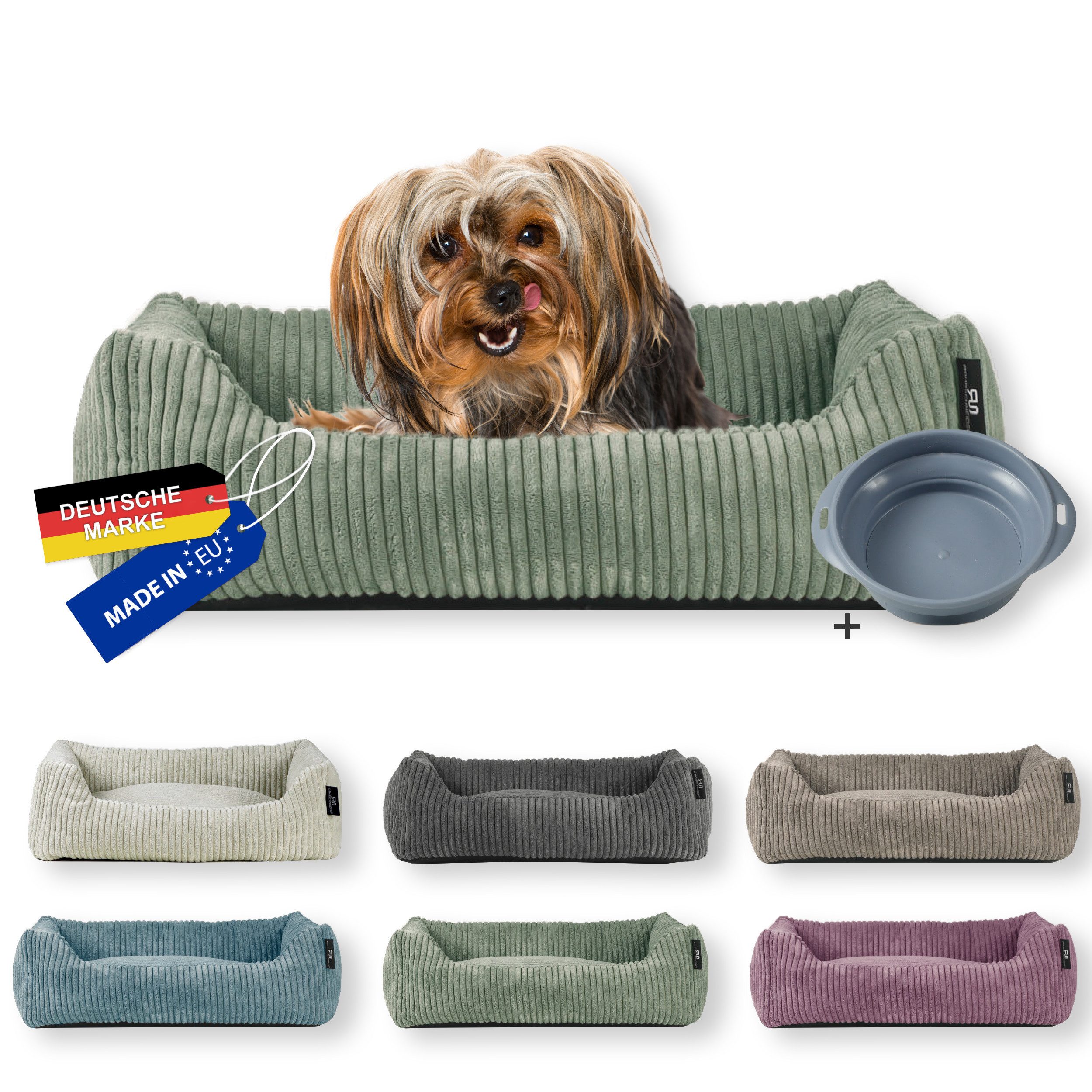 Rohrschneider Tierbett Hundebett Cord für kleine Hunde mit waschbarem Bezug inkl. Futternapf, antiruschbeschichtete Unterseite