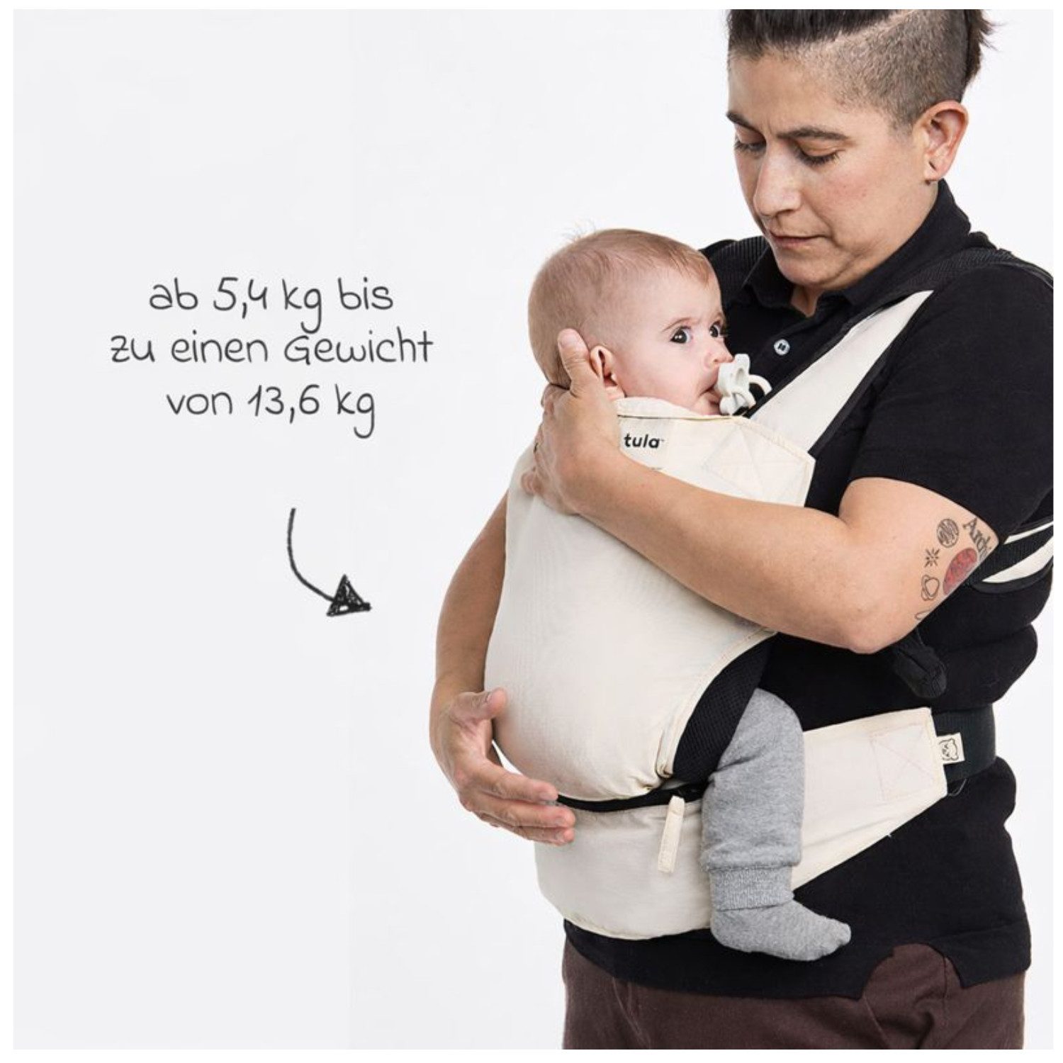 Tula Babytrage Lite - Cream, Baby Kinder Bauchtrage Rückentrage ab 5,4 kg - 13,6 kg 2 Positionen