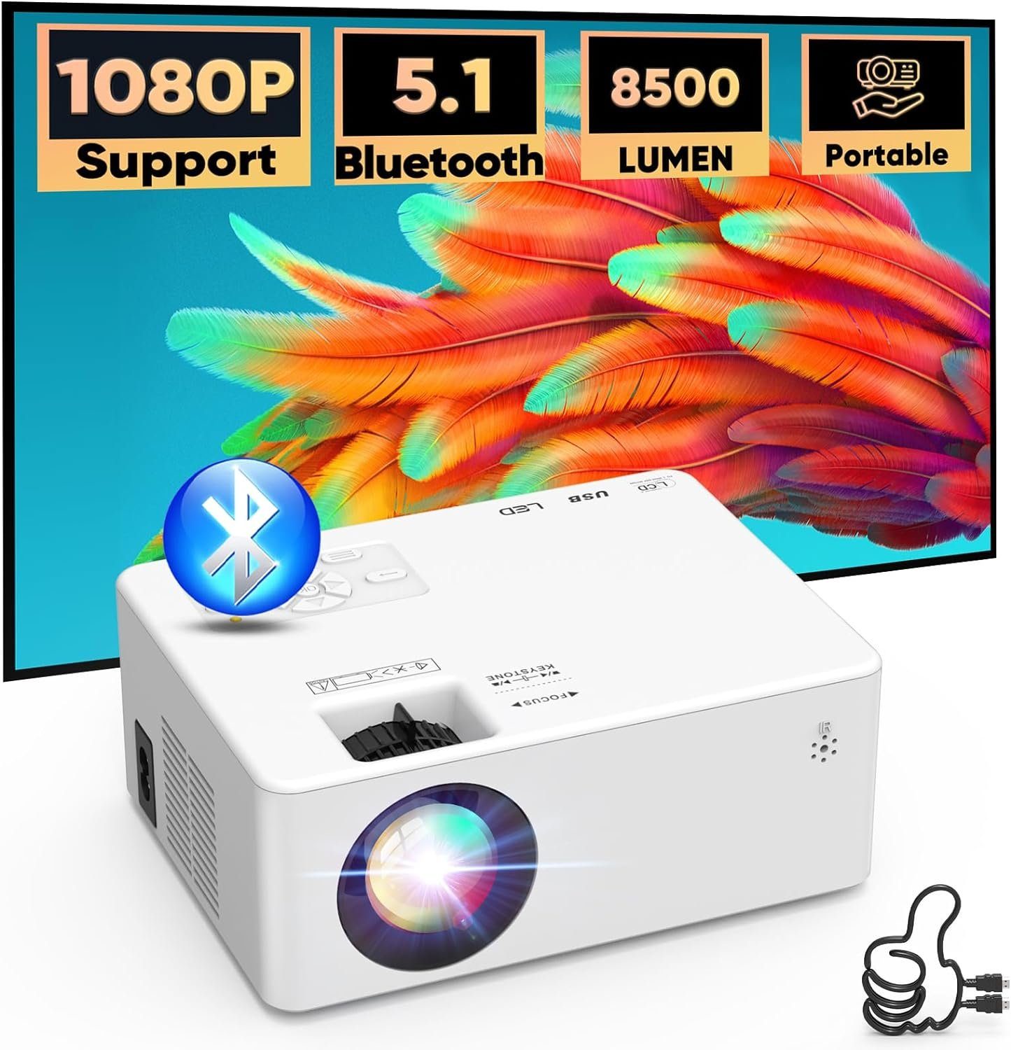 Projektor (5000:1, Full AKATUO x Kompatibel) px, Lumen Beamer Portabler Bluetooth 8500 1080P Mini HD 1920 1080 Heimkino