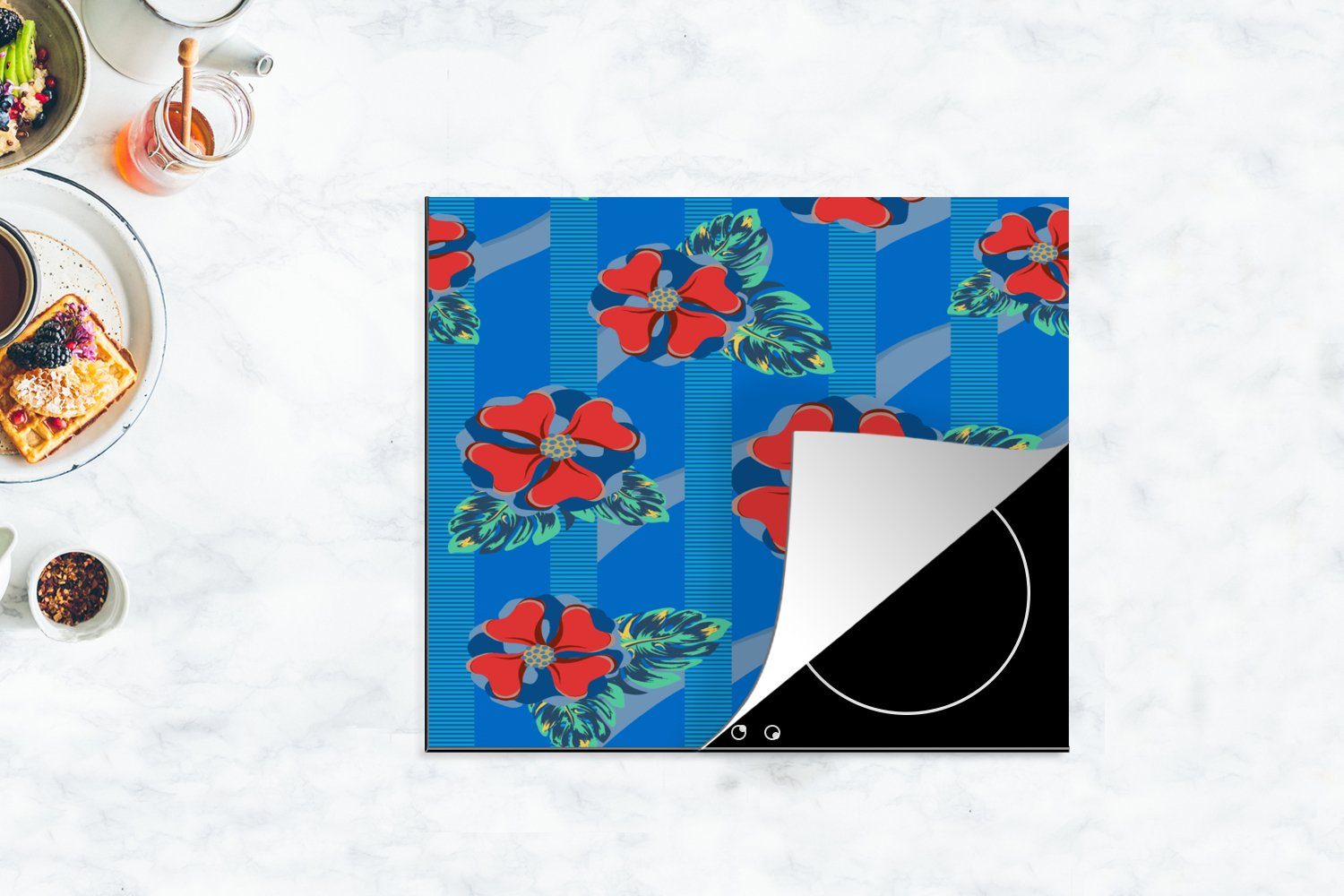 nutzbar, - Rot Hibiskus Herdblende-/Abdeckplatte Vinyl, cm, - tlg), - (1 - MuchoWow Mobile Muster Blume, 60x52 Arbeitsfläche Ceranfeldabdeckung Hawaii