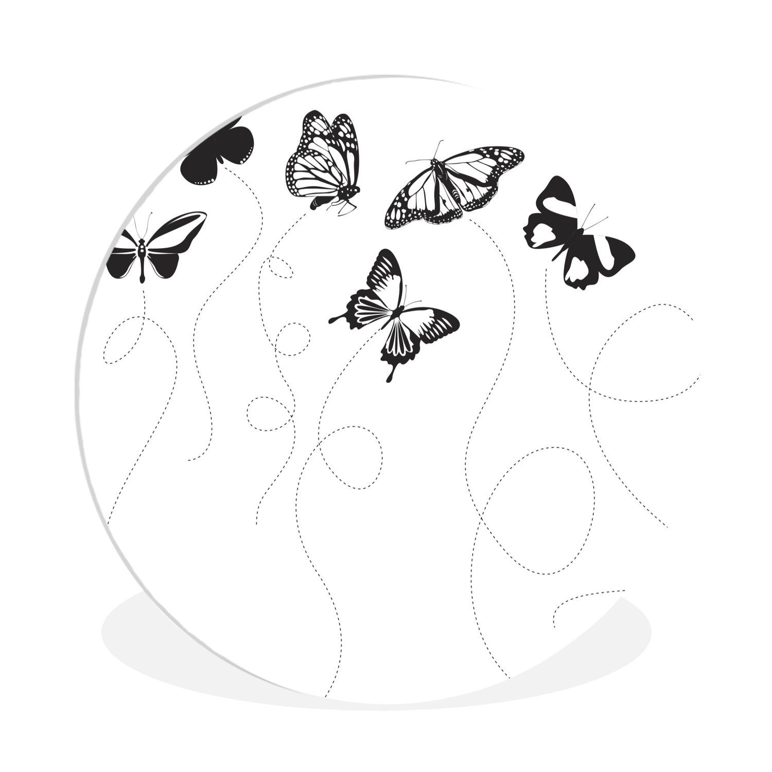 MuchoWow Gemälde Eine schwarz-weiße Illustration von Schmetterlingen, (1 St), Kreis Wanddekoration Forex, Rundes Wandbild, Wohnzimmer, 30x30 cm