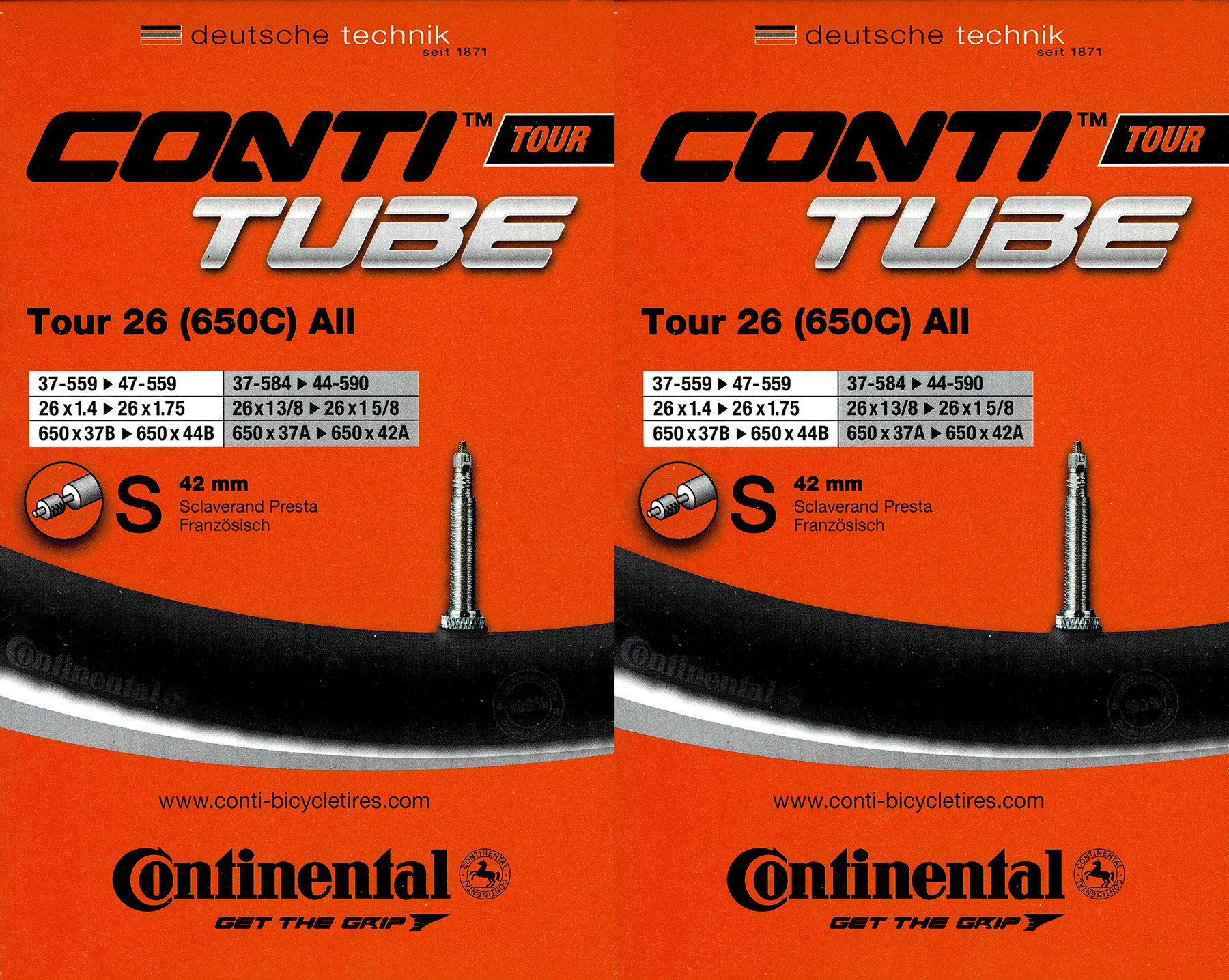 CONTINENTAL Fahrradschlauch 2x Continental Tour 26 all Schlauch 26 Zoll SV (37/47-559/597) SV 42mm, 1,50, 1 5/8, 1,75, 1,40, 1 3/8, 1,60, 1,25, 1,35, (2-St)