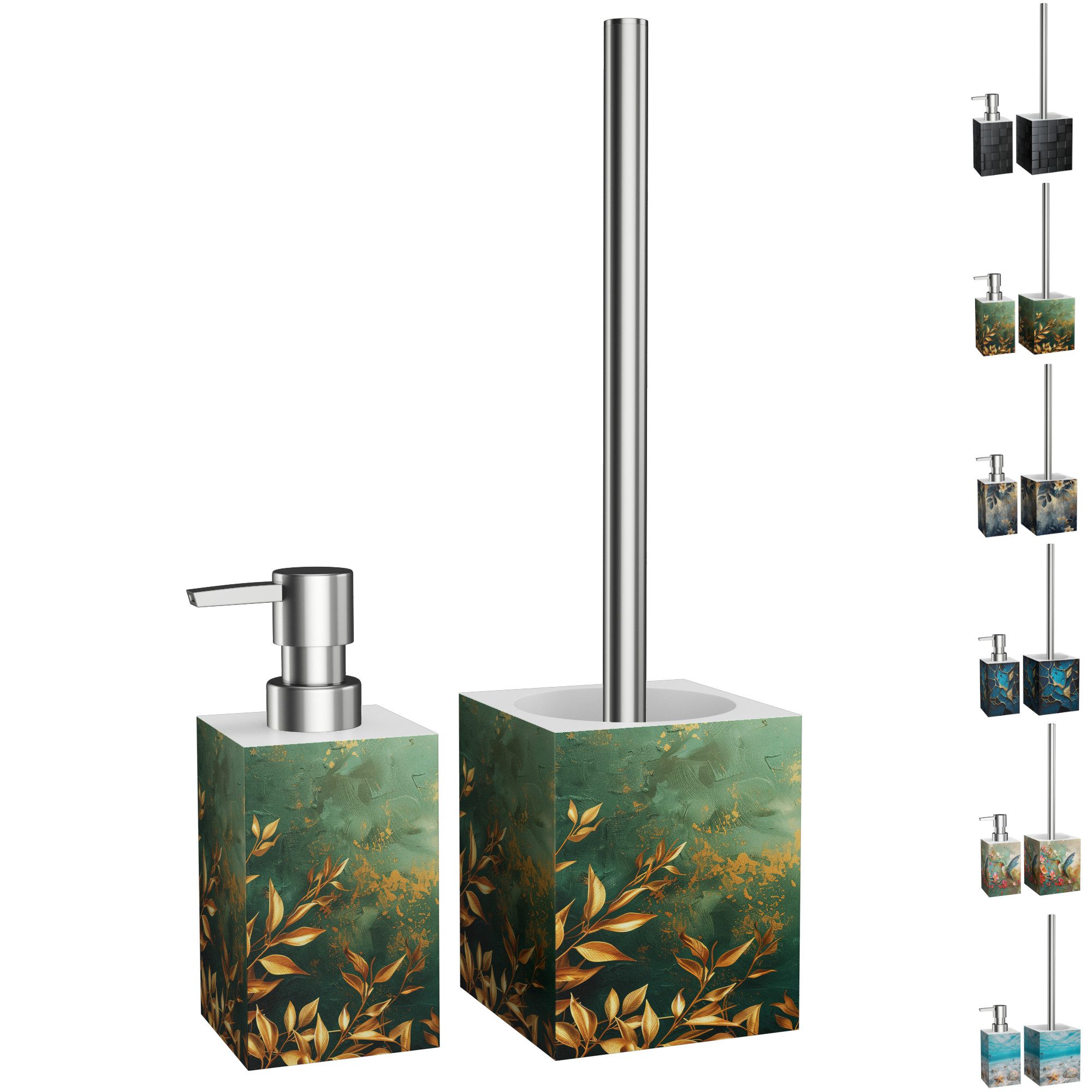 Sanilo Badaccessoire-Set mit Motiv, viele schöne Seifenspender und WC Bürsten zur Auswahl, Klobürste mit auswechselbaren Bürstenkopf, 2 tlg., 2-tlg., Desinfektionsspender mit stabiler Pumpe, hochwertig & modern