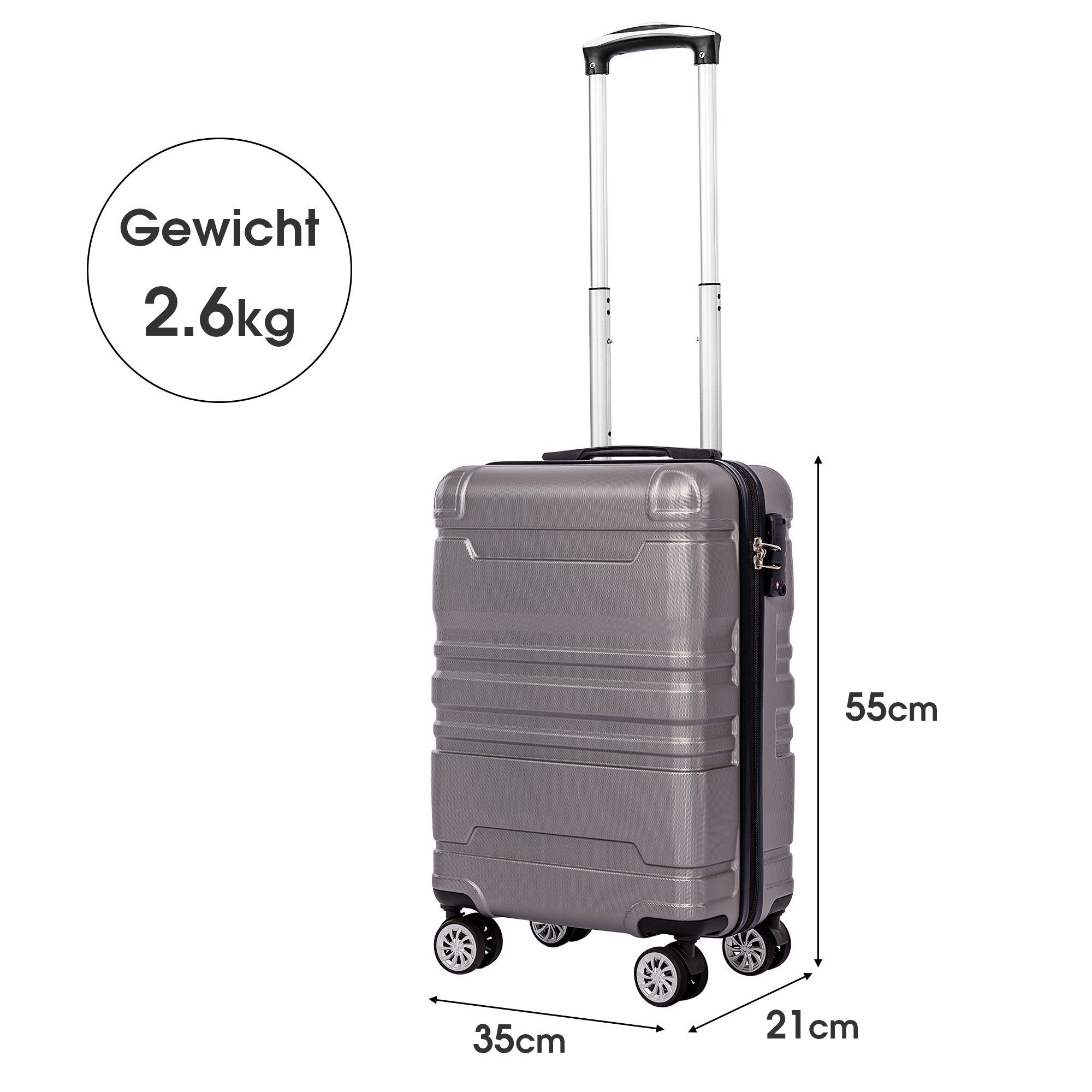 Trolley Hartschalen TSA-Schloss, Reisekoffer 4 grau Rollen, Flieks mit M-35x21x55cm Trolley