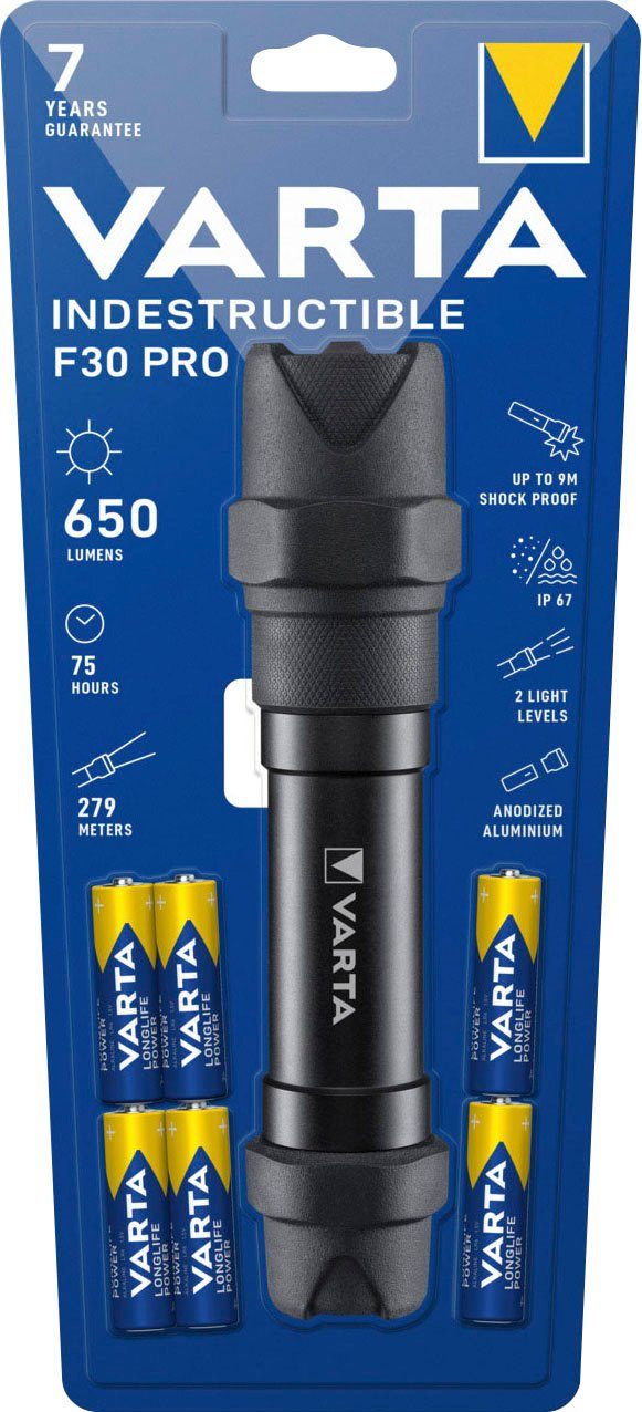 VARTA Taschenlampe Indestructible F30 Pro 6 Watt LED, wasser- und staubdicht,  stoßabsorbierend, eloxiertes Aluminium Gehäuse, Gehäuse aus eloxiertem  Aluminium Typ II