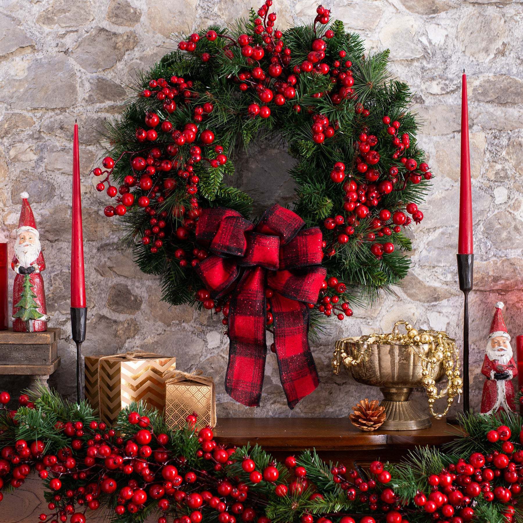 Kunstkranz Weihnachtskranz Haustür,Weihnachtskranz mit Beeren & Schleifen, Coonoor, Weihnachtstürkranz, Weihnachten Dekor