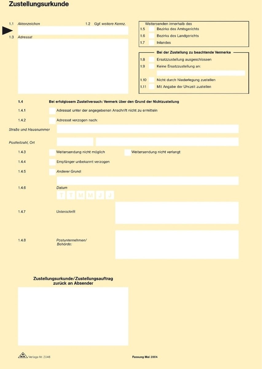 RNK Verlag Formularblock Zustellungsurkunde 2 Seiten DIN A4 80g/qm.