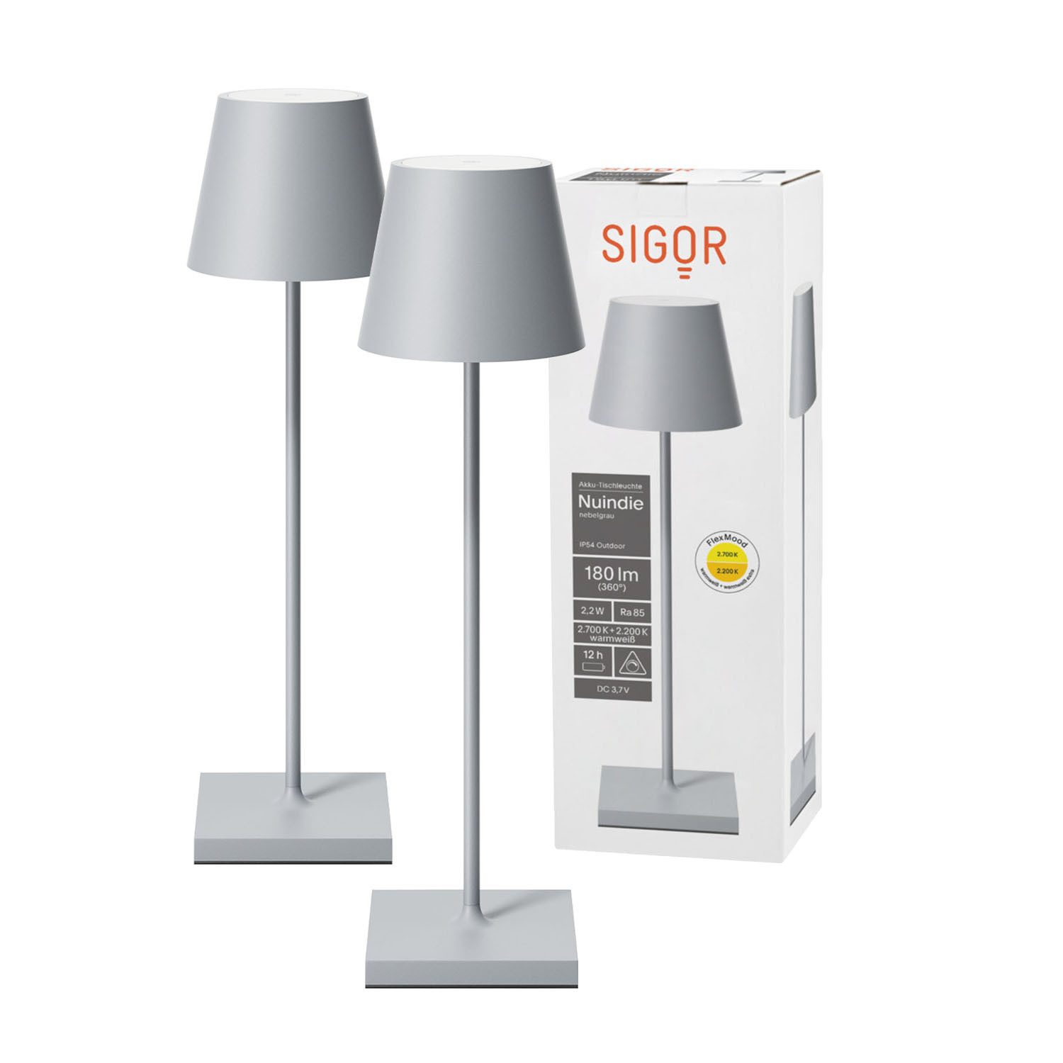 SIGOR LED Tischleuchte 2x Nuindie USB-C 380mm nebelgrau, Dimmbar, LED fest integriert, Warmweiß