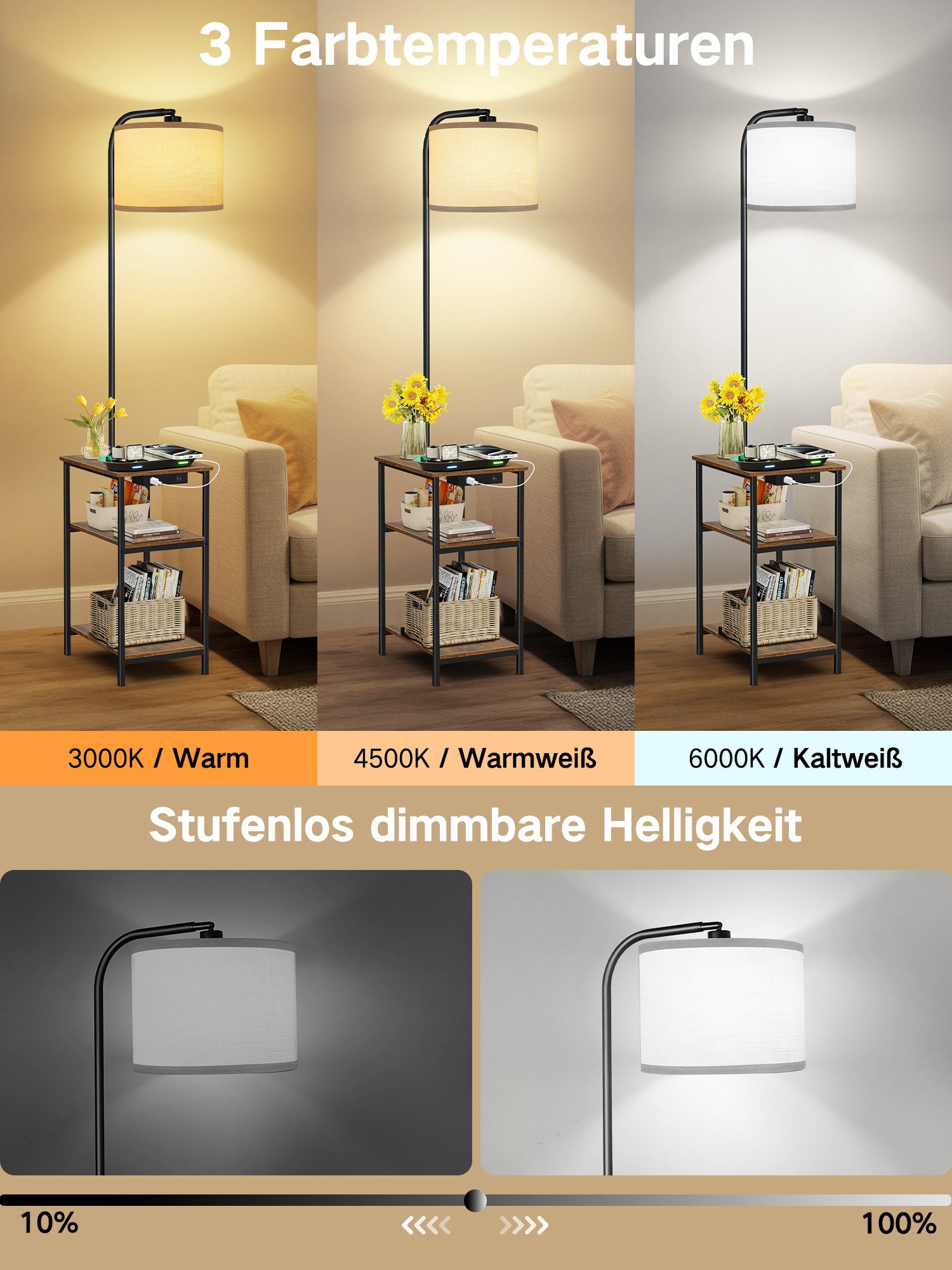 OUTON Stehlampe LED-Tisch mit 2 Stoffschubladen/3 Ablagen & USB – Bild 3 von 5