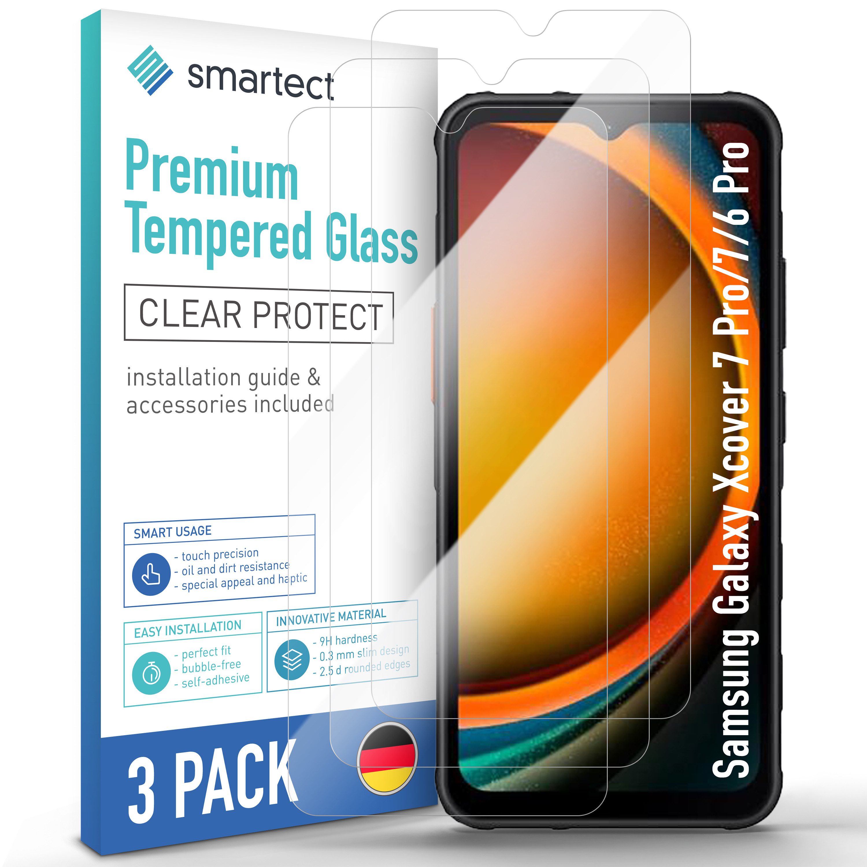 smartect Displayschutzglas 3X Schutzglas Panzerfolie für Samsung Galaxy Xcover 7 Pro / 7 / 6 Pro für Samsung Galaxy Xcover 7 Pro / 7 / 6 Pro, Set, 3 Stück, 0.3 mm Ultra-klar, 9H Härte, Kratzfest, Stoßfest, Blasenfrei, Oleophob