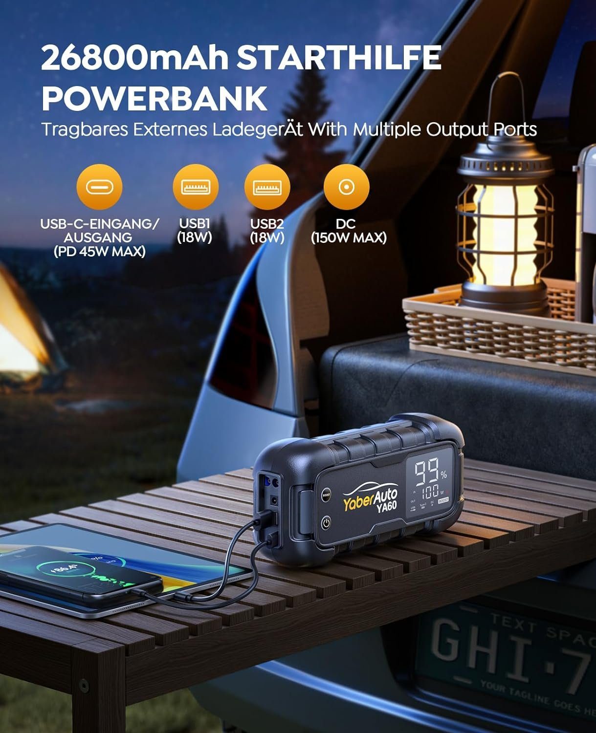 Yaber 6000A Jump Starter Power Bank for Cars, 45W Fast Charging, 26800 mAh, LCD Display, 600 Lumen LED Flashlight