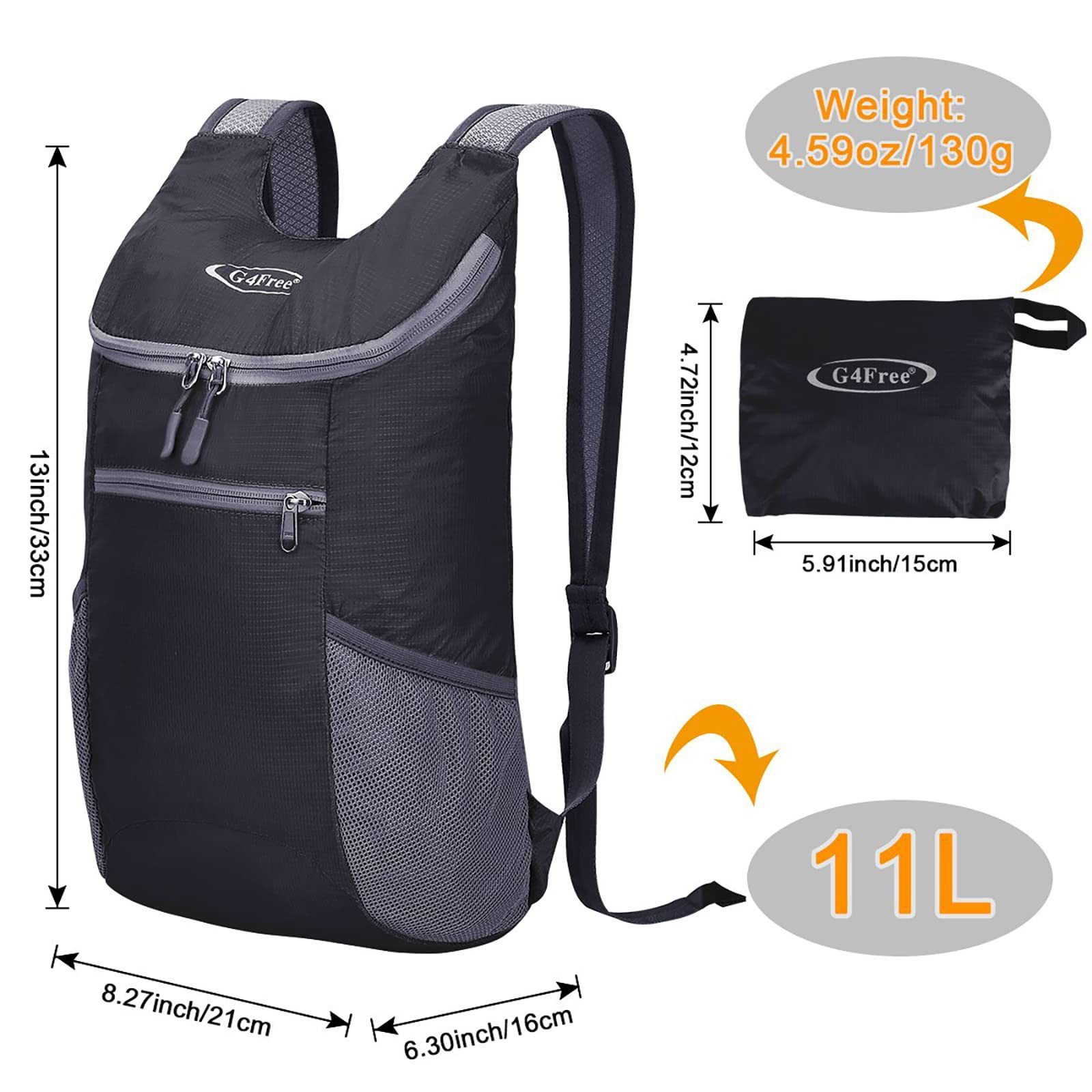 G4Free Wanderrucksack Foldable Rucksack Lightweight Daypack Unisex Packable Travel Rucksack, Leichter, faltbarer Wanderrucksack mit 11 Litern Volumen