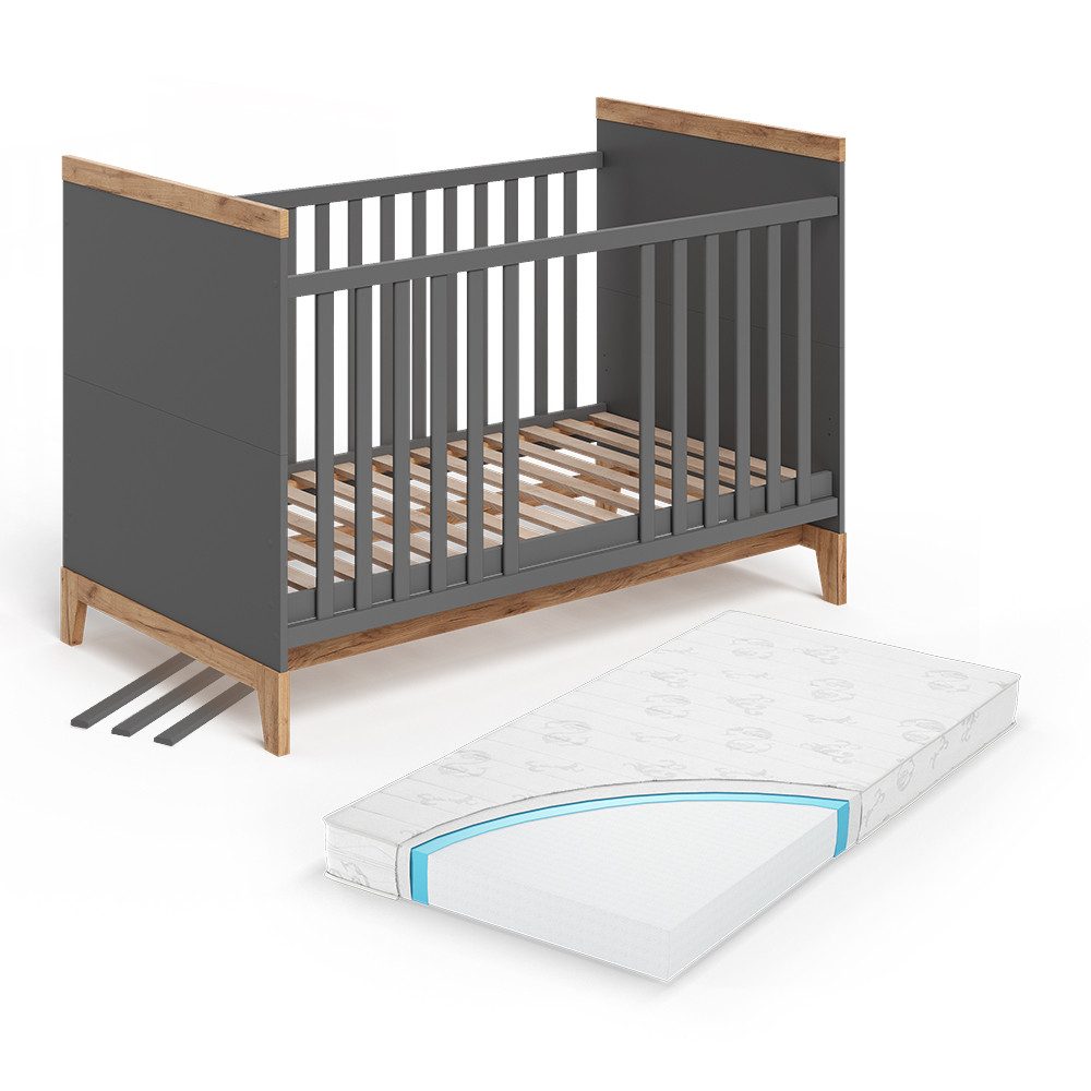 VitaliSpa® Babybett Malia, Grau/Artisan, 70x140 cm mit Matratze, 2-tlg.