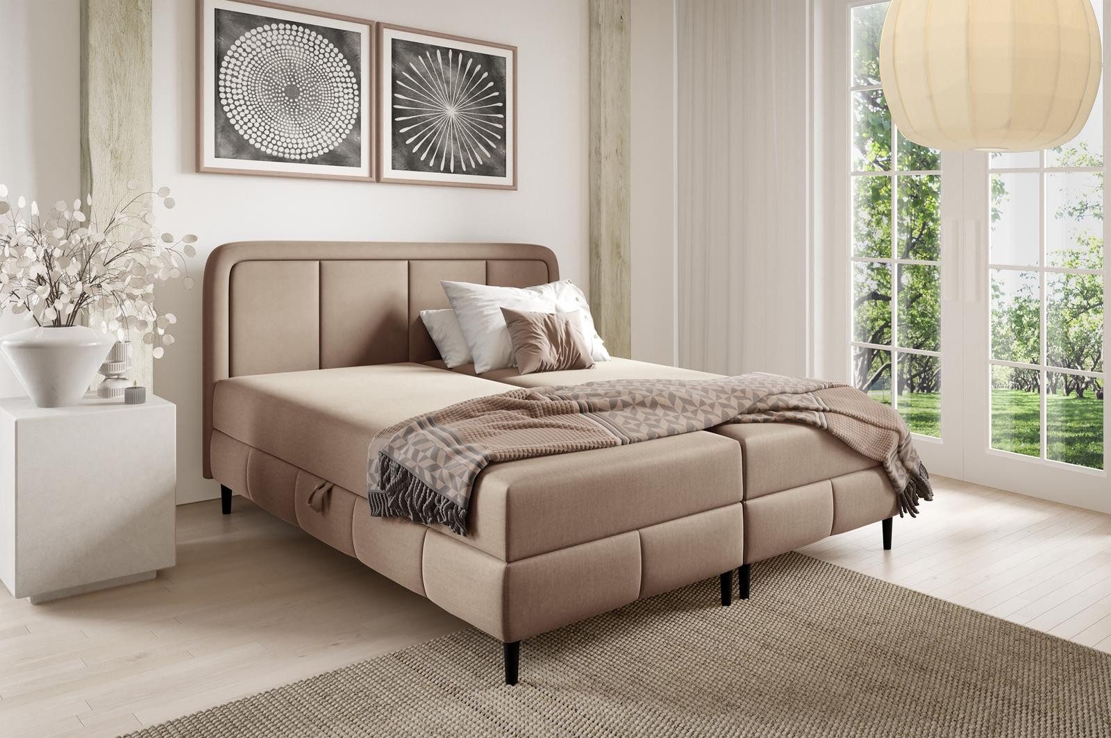 Compleo Boxspringbett auf hohen Füßen, Doppelbett, skandinavischer Stil, Veloursstoff