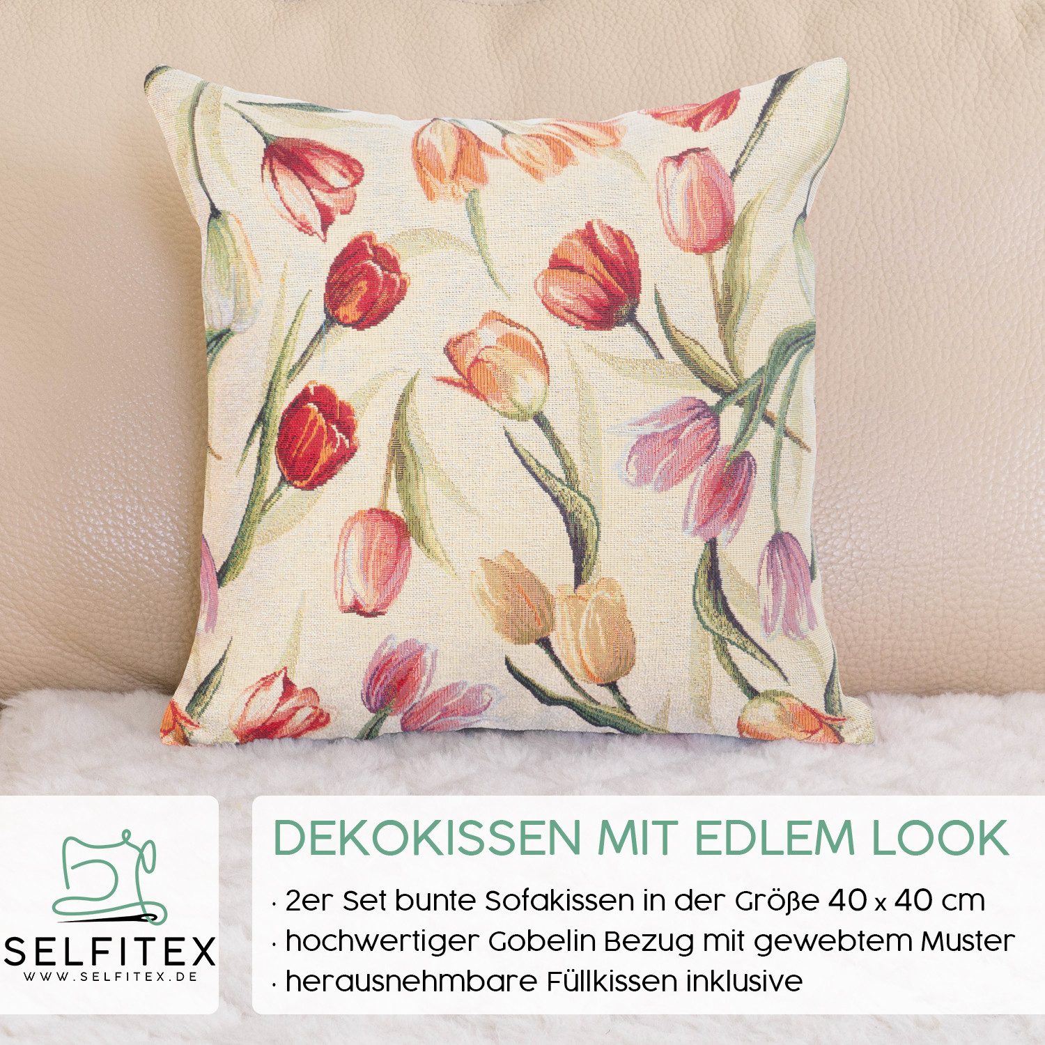 Selfitex Dekokissen mit buntem Muster im 2er Set, 30x50/40x40/50x50 inkl. Füllkissen, hochwertig gewebter Gobelin Kissenbezug mit weichem Füllkissen