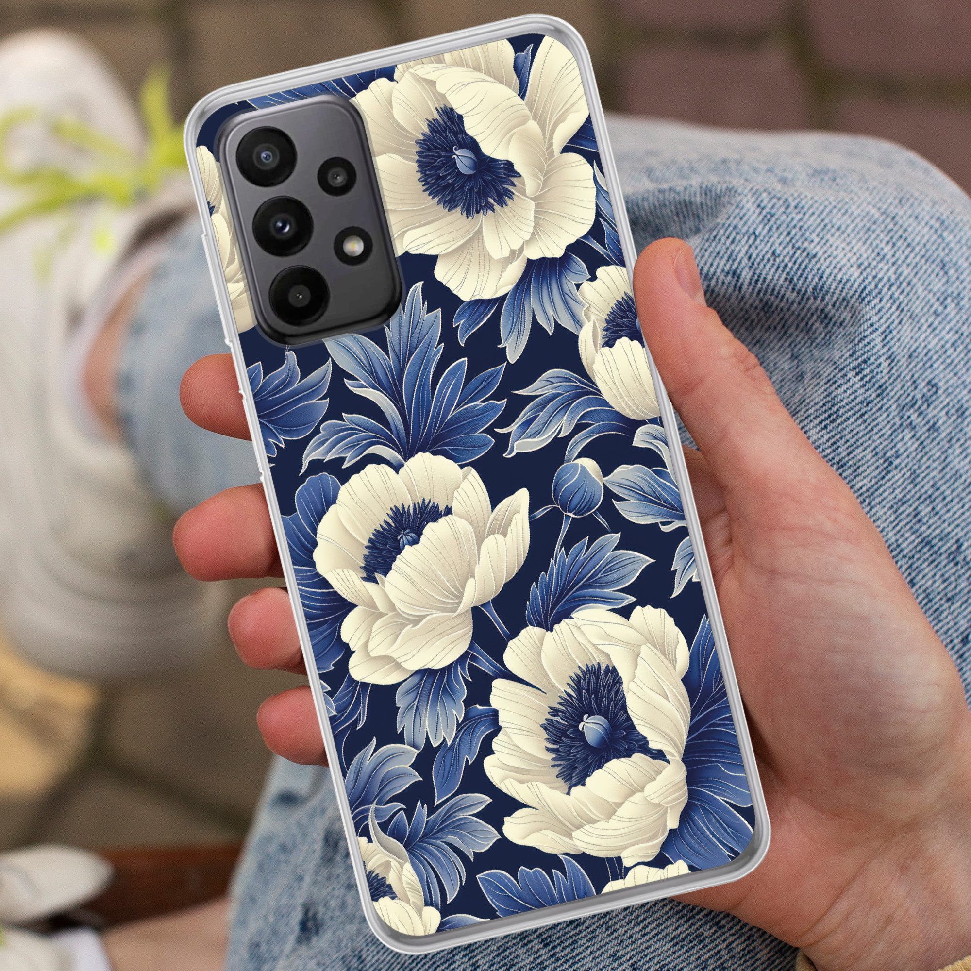 MuchoWow Handyhülle für Samsung Galaxy A23 5G Blumen - Muster - Blau - Weiß, Smartphone-Bumper, Print, Handy Schutzhülle Dünn