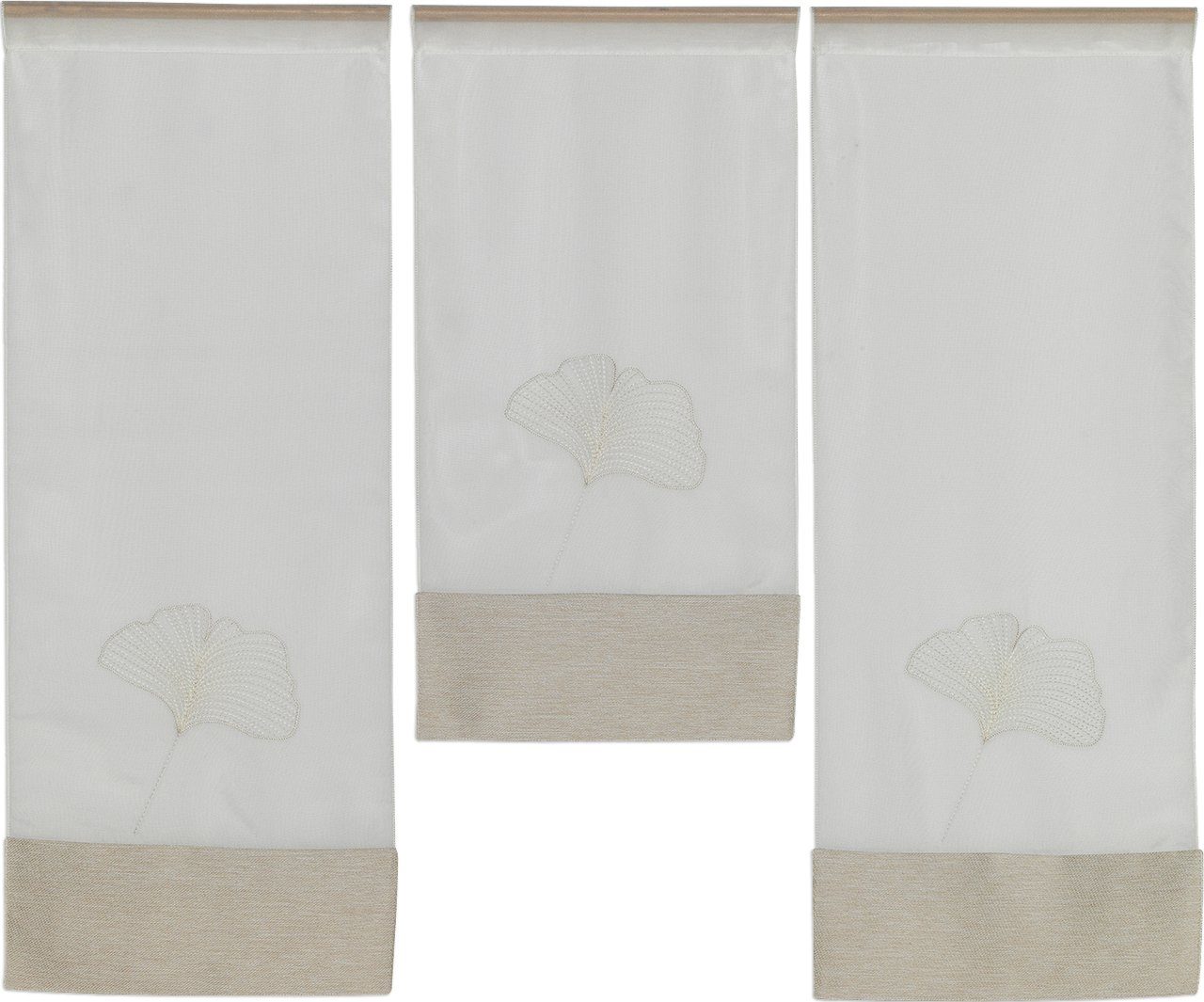 Scheibengardine 3er Set Miniflächen Scheibengardine Küchengardine Bistrogardine 4021 01 Ginkgo Blatt Stickerei Weiß Beige (3 St), Stangendurchzug, halbtransparent, Voile, 3er Set Flächenvorhänge