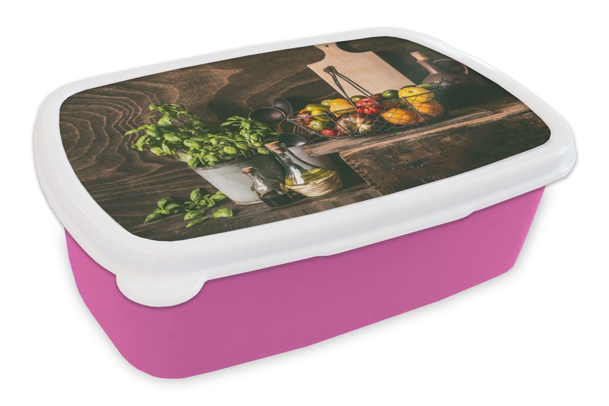 MuchoWow Lunchbox Gemüse - Kräuter - Rustikal - Stilleben - Basilikum, Kunststoff, (2-tlg), Brotbox für Erwachsene, Brotdose Kinder, Snackbox, Mädchen, Kunststoff rosa