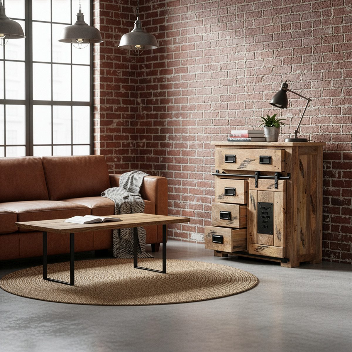 Liadomo Sideboard Garbi, Kommode, Stauraum, aus massivem Mangoholz, mit Schubkästen, Rolltüren und Fächern