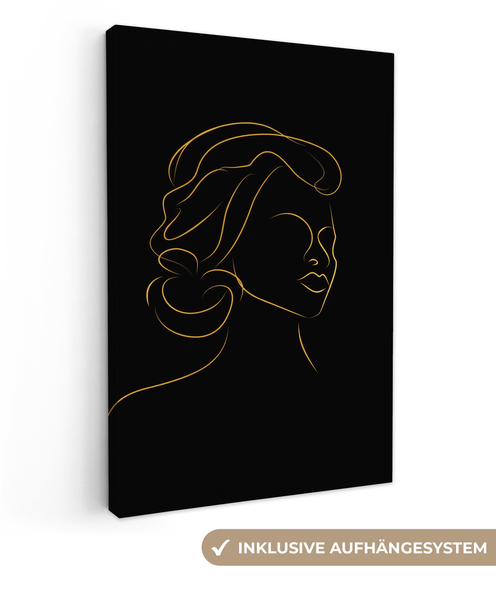 OneMillionCanvasses® Leinwandbild Frau - Schwarz - Gold - Strichzeichnung, (1 St), Leinwandbild fertig bespannt inkl. Zackenaufhänger, Gemälde, 20x30 cm | Leinwandbilder