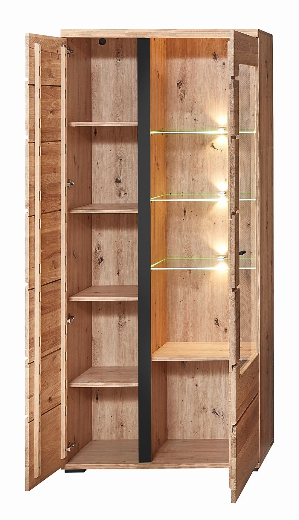 moebel-dich-auf Wohnwand SANTOS, (in Altesche massiv gebürstet, 2 Vitrinen + Wandboard + Lowboard), Metallgriffe, Soft-Close-Funktion