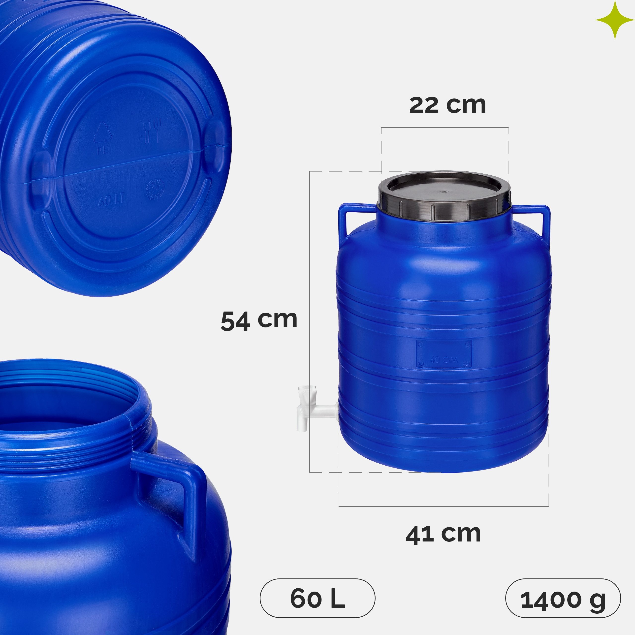Garronda Regentonne 60 L BPA-freies Fass mit Deckel und Hahn Weithalsfass GD-0090, Blau, 60 l