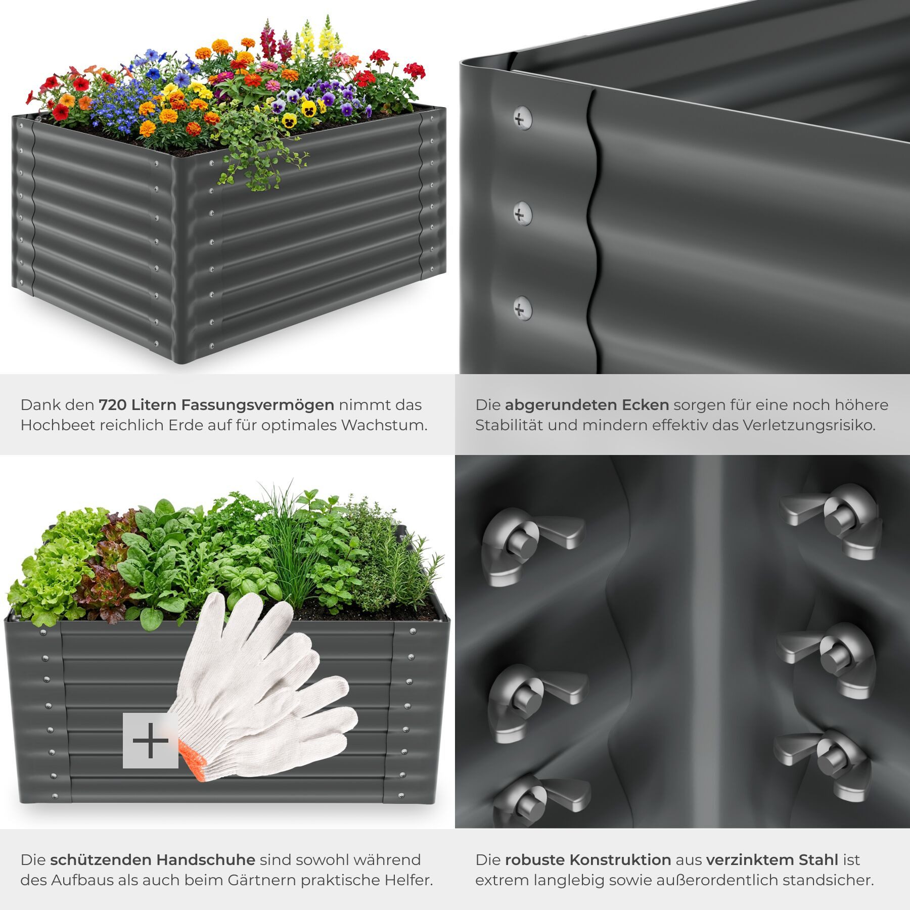 tectake Hochbeet Pflanzbeet 100 x 100 x 62 cm aus verzinktem Stahl, abgerundete (Gartenbeet Blomma, in Anthrazit), Inkl. Handschuhe, 600 l Fassungsvermögen, wit – Bild 4 von 5
