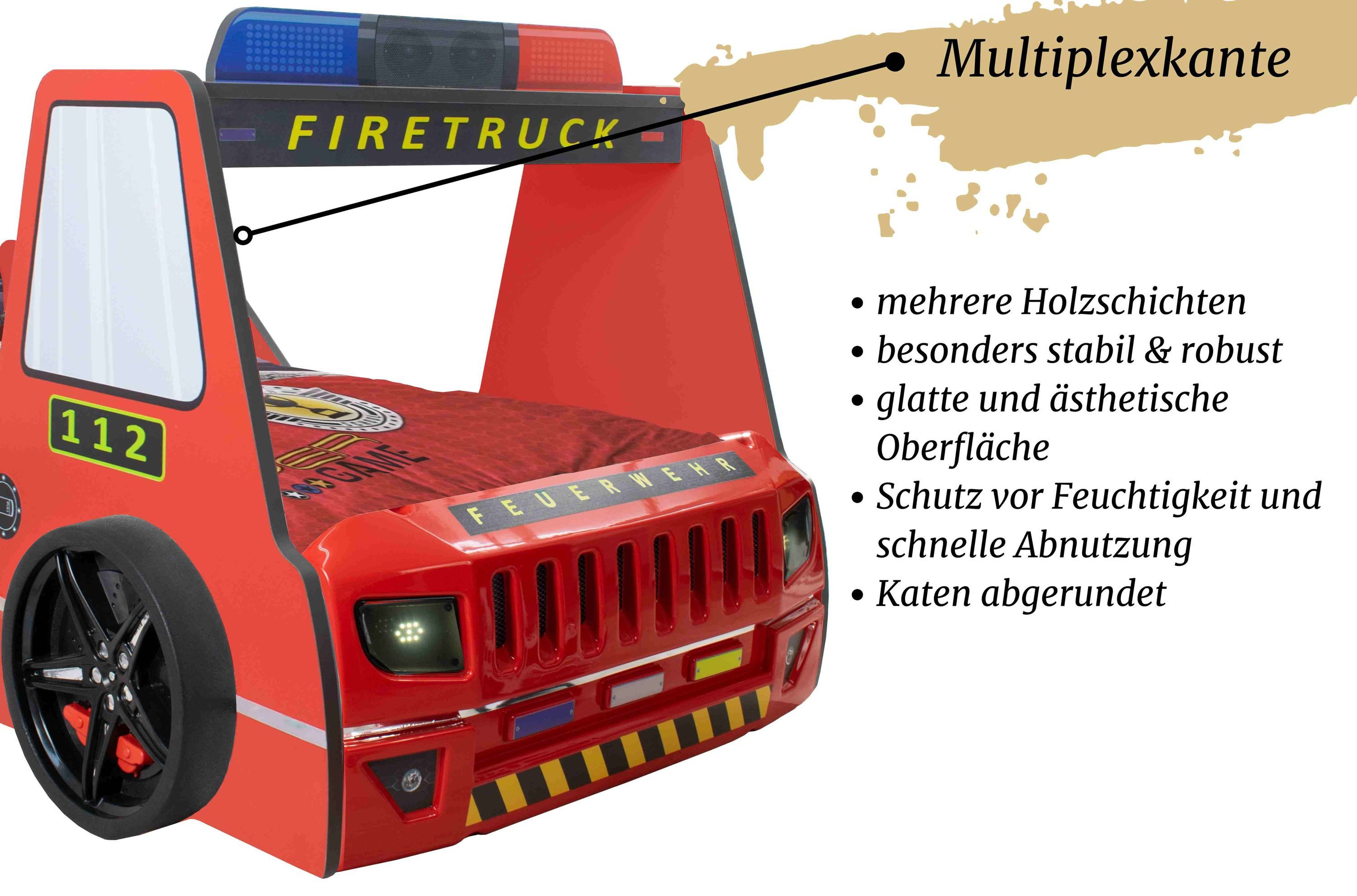 Aileenstore Autobett Rio (inkl. LED Licht und Lattenrost), Feuerwehrbett, 90x200 cm, LED Licht, Hochglanz, Lattenrost
