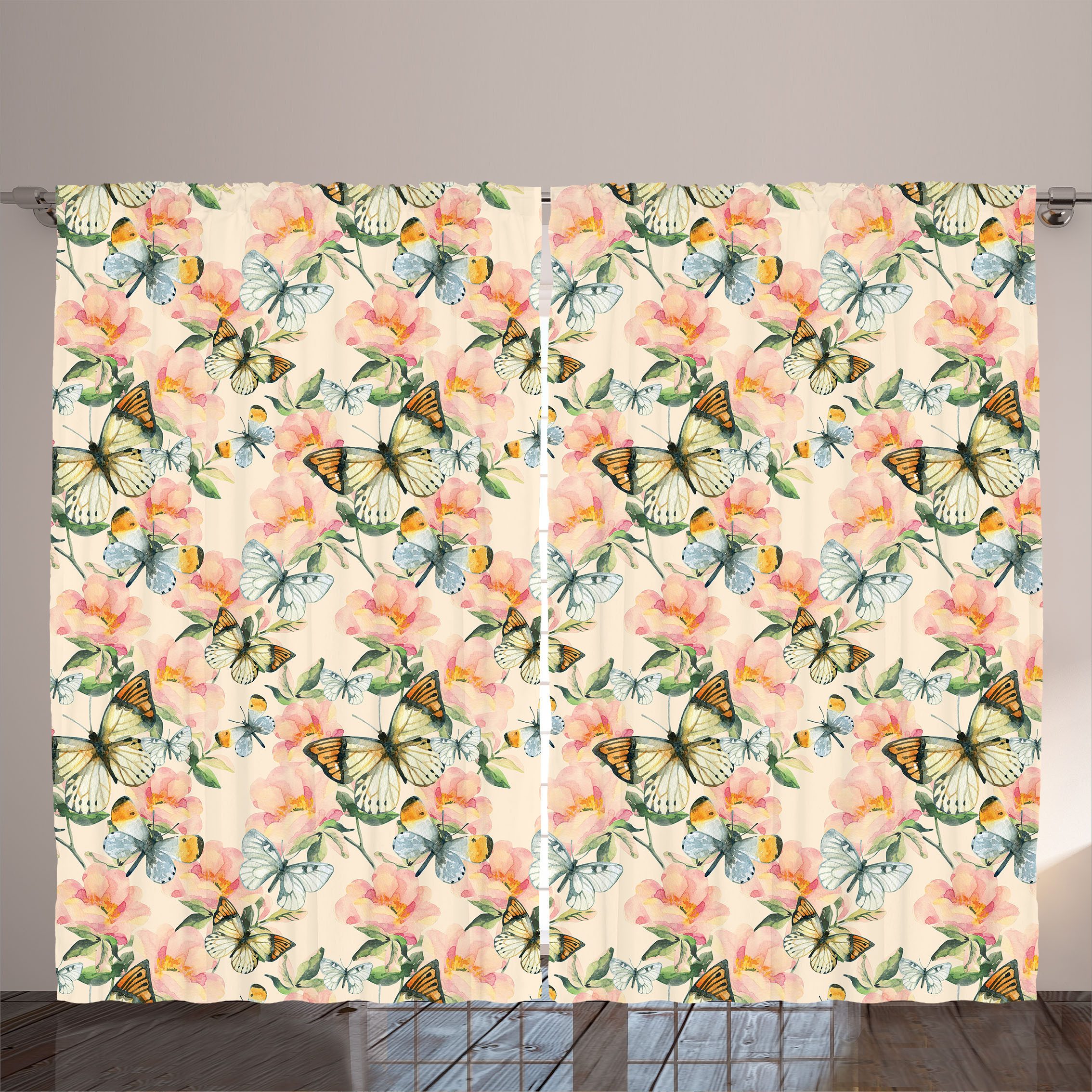 Gardine Gardinen mit Schlaufen und Haken 140 cm x 2 Vorhangbahnen, Abakuhaus, Frühling Pastell-Schmetterlingsblumen