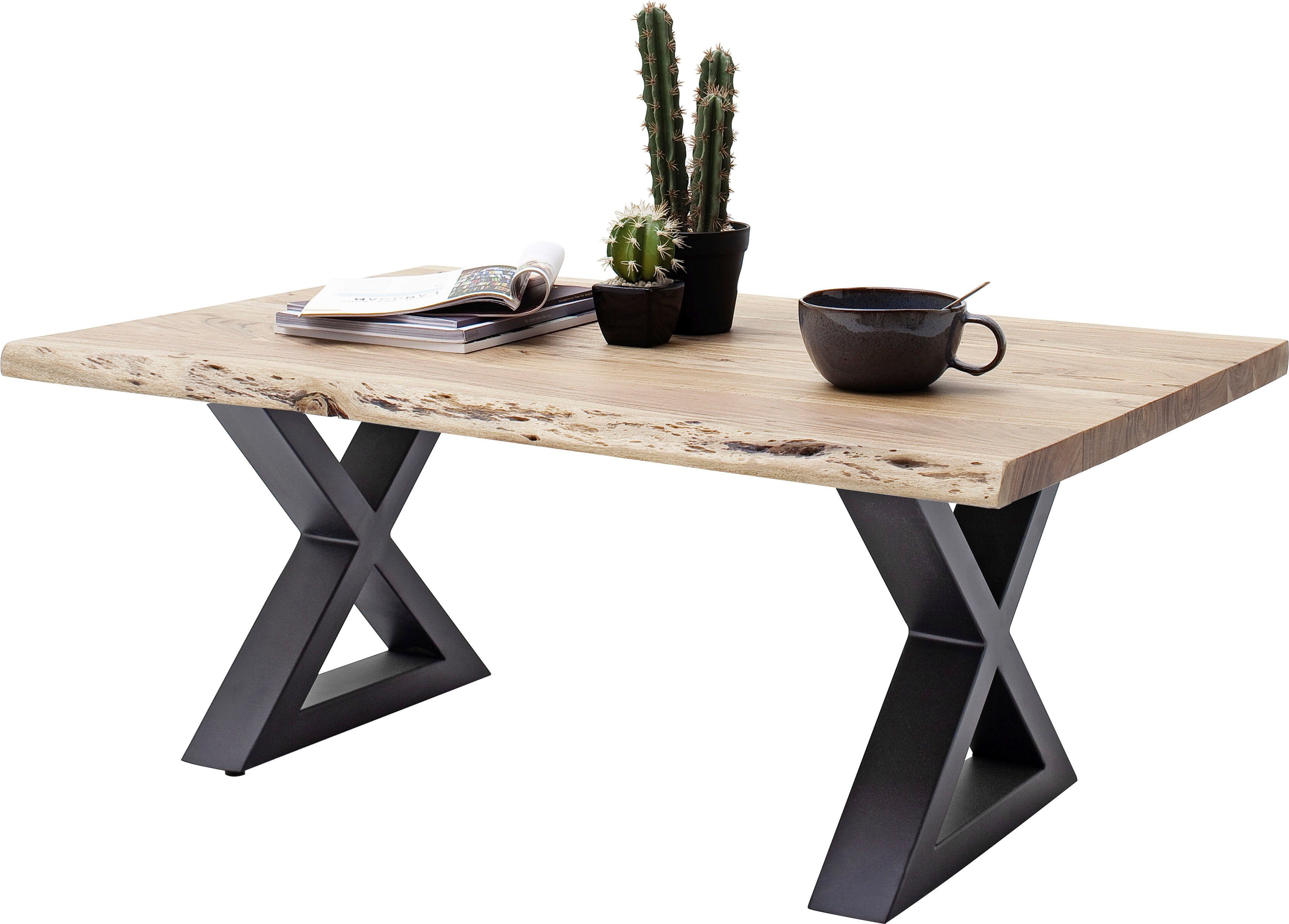 MCA furniture Baumkantentisch, Couchtisch Massivholz mit Baumkante, Rissen und löchern