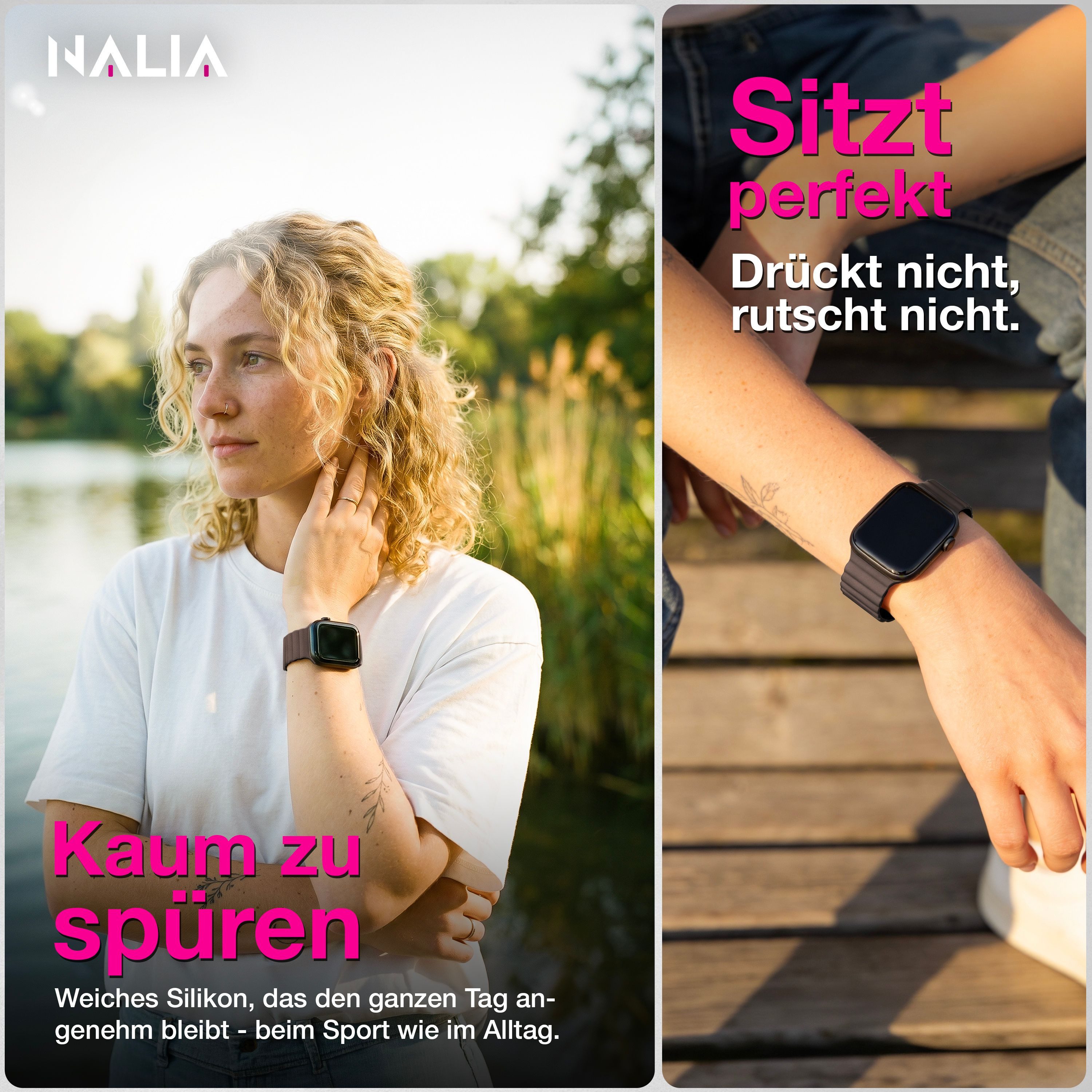 Nalia Smartwatch-Armband Apple Watch 38/40/41/42mm, Magnetisches Silikon Ersatzband / für Sport Fitness Uhr / Atmungsaktiv – Bild 4 von 5