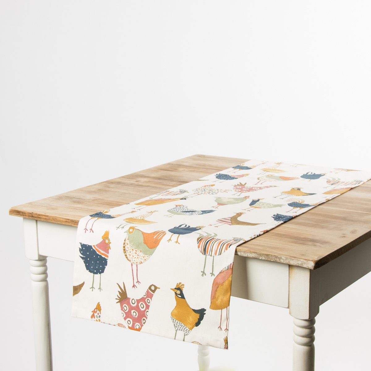 SCHÖNER LEBEN. Tischläufer Harriet Vintage Hühner wollweiß bunt 40x160cm, handmade