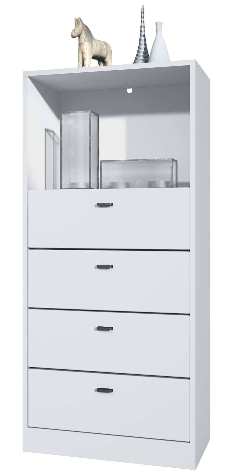 Vladon Kommode Pino V3 (Anrichte, mit 4 Schubladen & 1 offenem Fach), Weiß matt (56 x 125 x 36 cm)