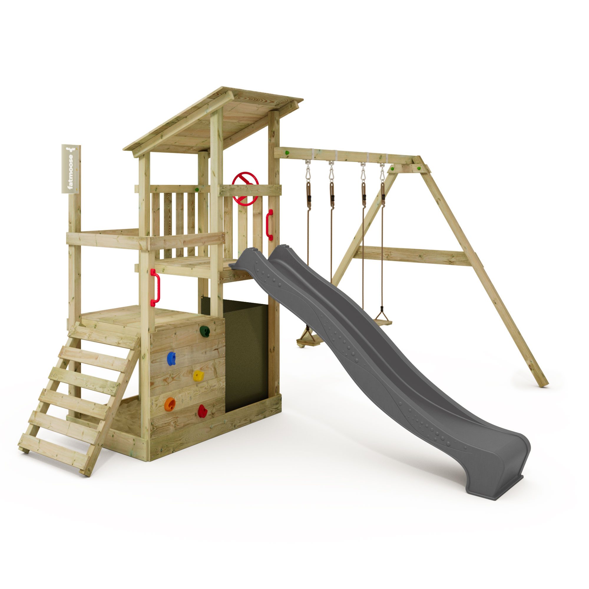 FATMOOSE Spielturm FruityForest Holz-Kletterturm mit Wellenrutsche, Schaukel & Sandkasten, - extrem witterungsbeständig mit 10 Jahren Garantie*