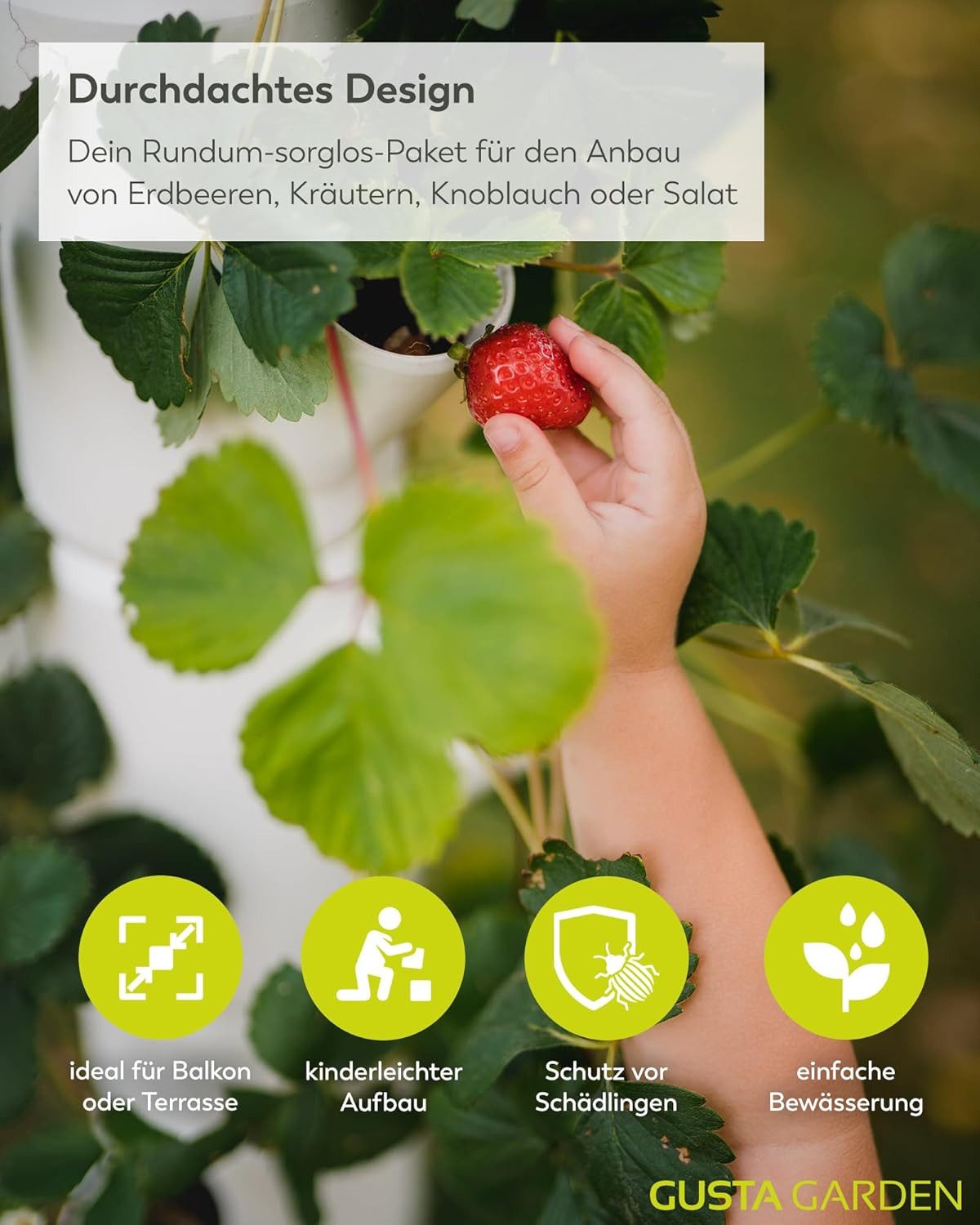 Gusta Garden Hochbeet SISSI STRAWBERRY starter (inkl. Wasserauslaufschutz & Wasserleitsystem), Erdbeerbaum mit 4 Etagen, weiß – Bild 3 von 5